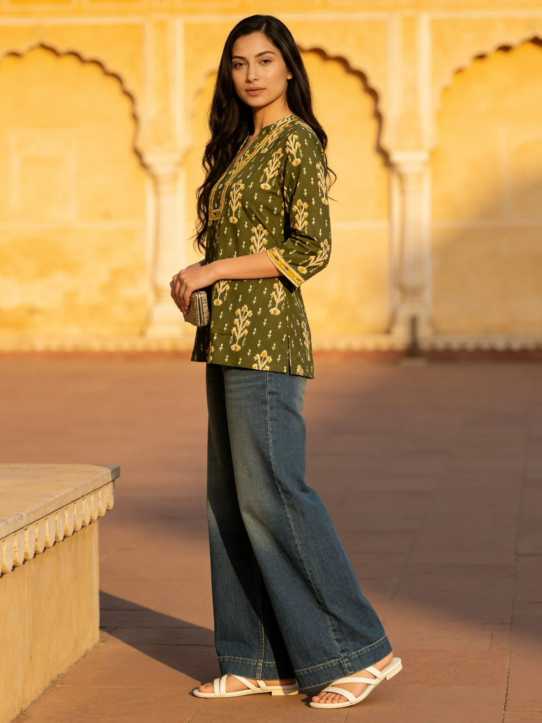Buy Cotton Printed A-Line Short Length Short Kurta-Green