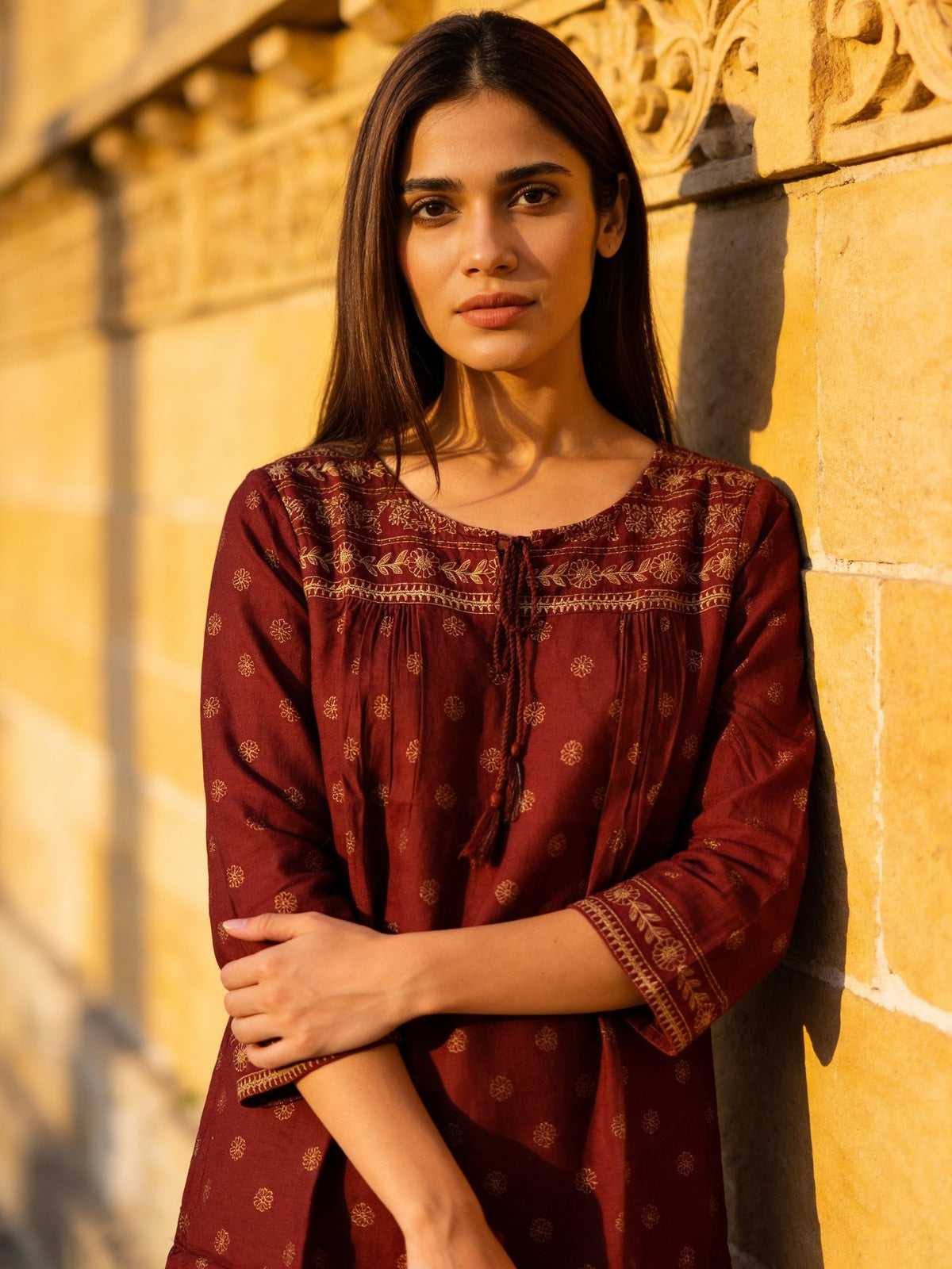 Buy Rayon Printed A-Line Short Length Short Kurta-Rust
