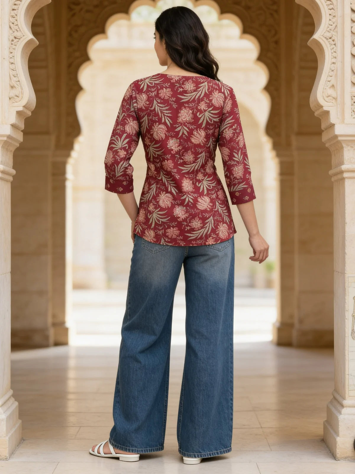Buy Rayon Printed A-line Short Length Short Kurta-Maroon