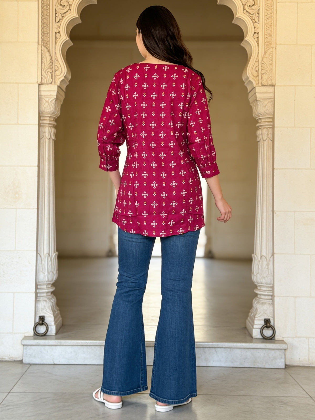 Buy Rayon Printed A-Line Short Length Short Kurta-Fuschia