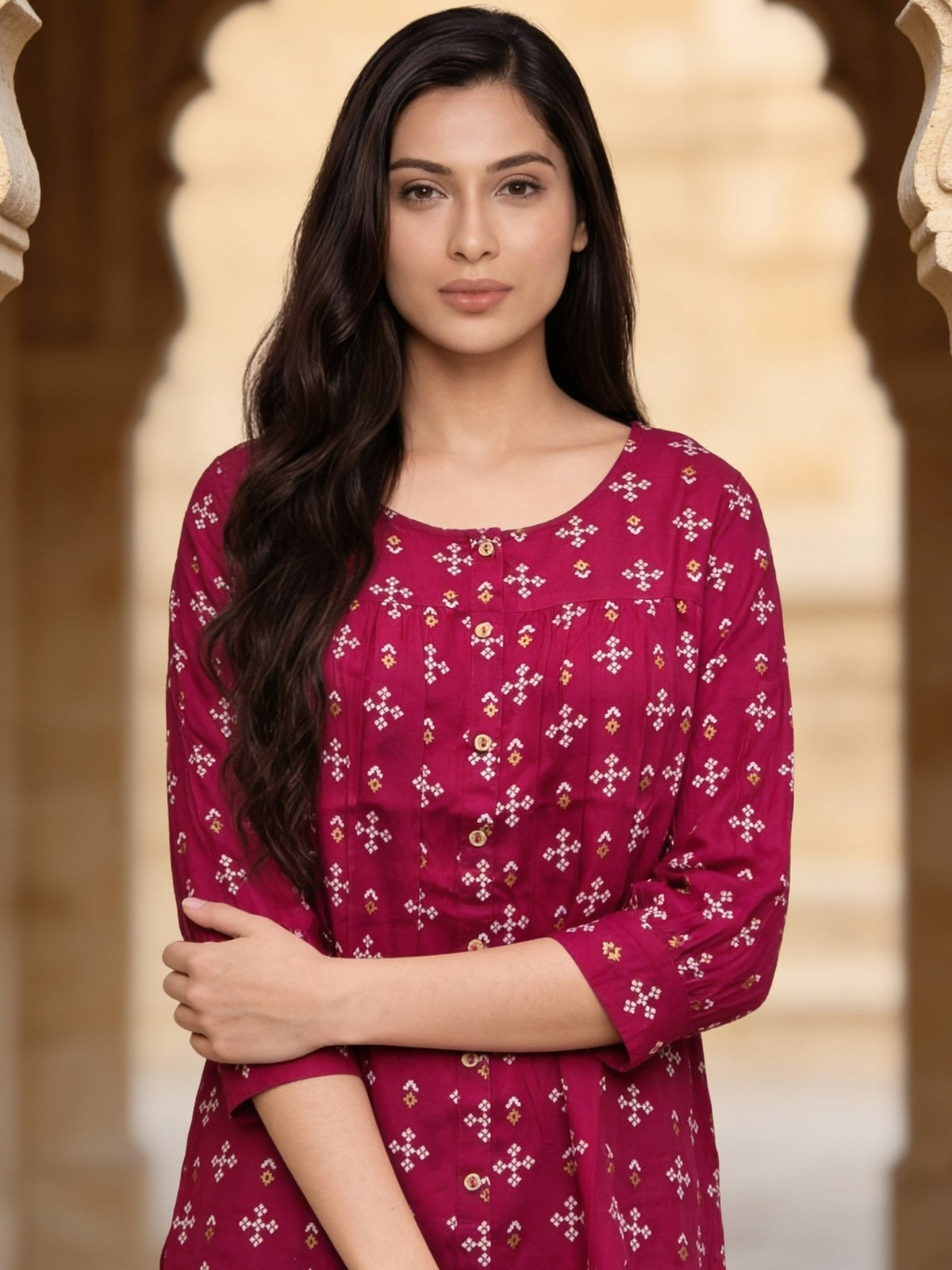 Buy Rayon Printed A-Line Short Length Short Kurta-Fuschia