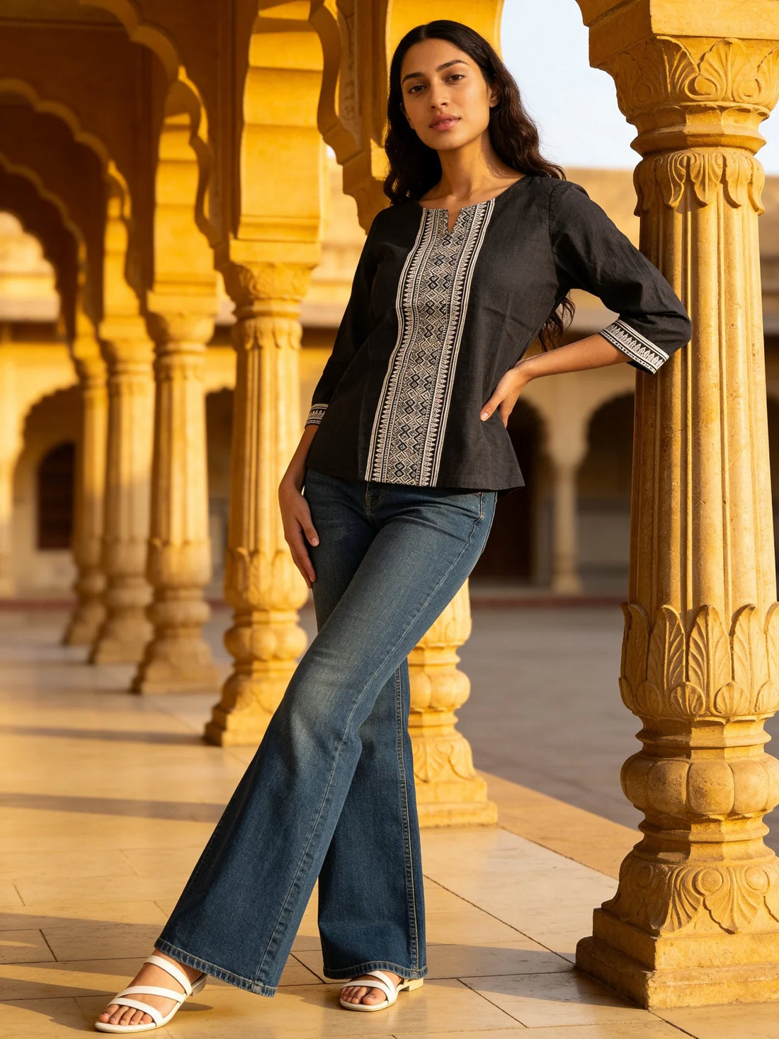 Buy Cotton Printed A-Line Short Length Short Kurta-Black