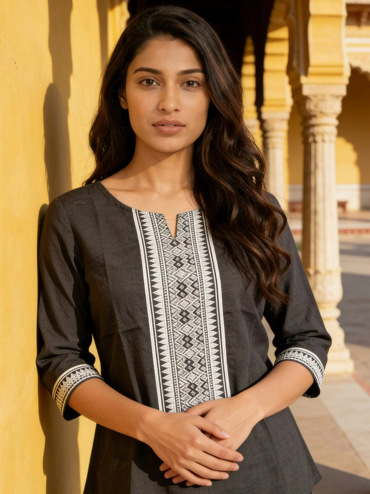 Buy Cotton Printed A-Line Short Length Short Kurta-Black