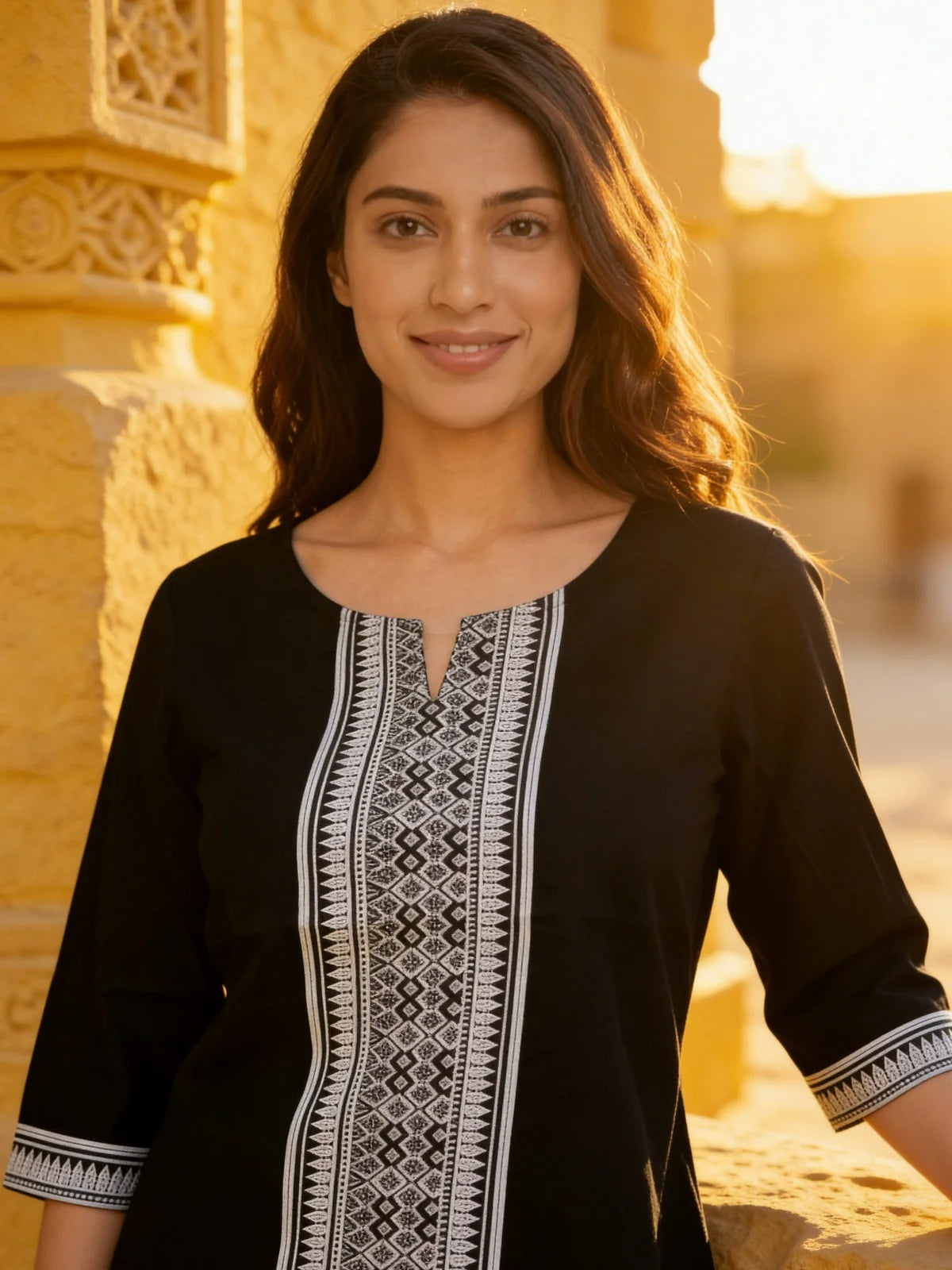 Buy Cotton Printed A-Line Short Length Short Kurta-Black