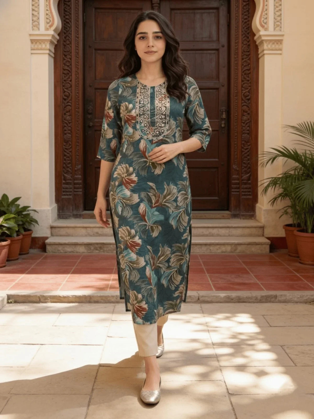 Buy Poly Viscose Embroidered Straight Calf Length Kurta-Teal