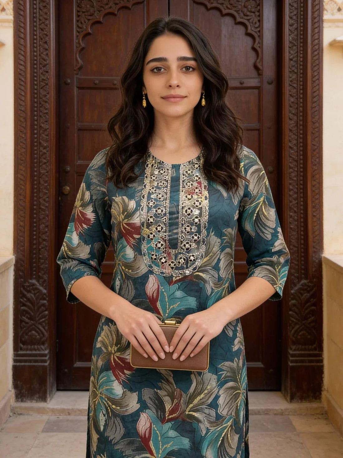 Buy Poly Viscose Embroidered Straight Calf Length Kurta-Teal