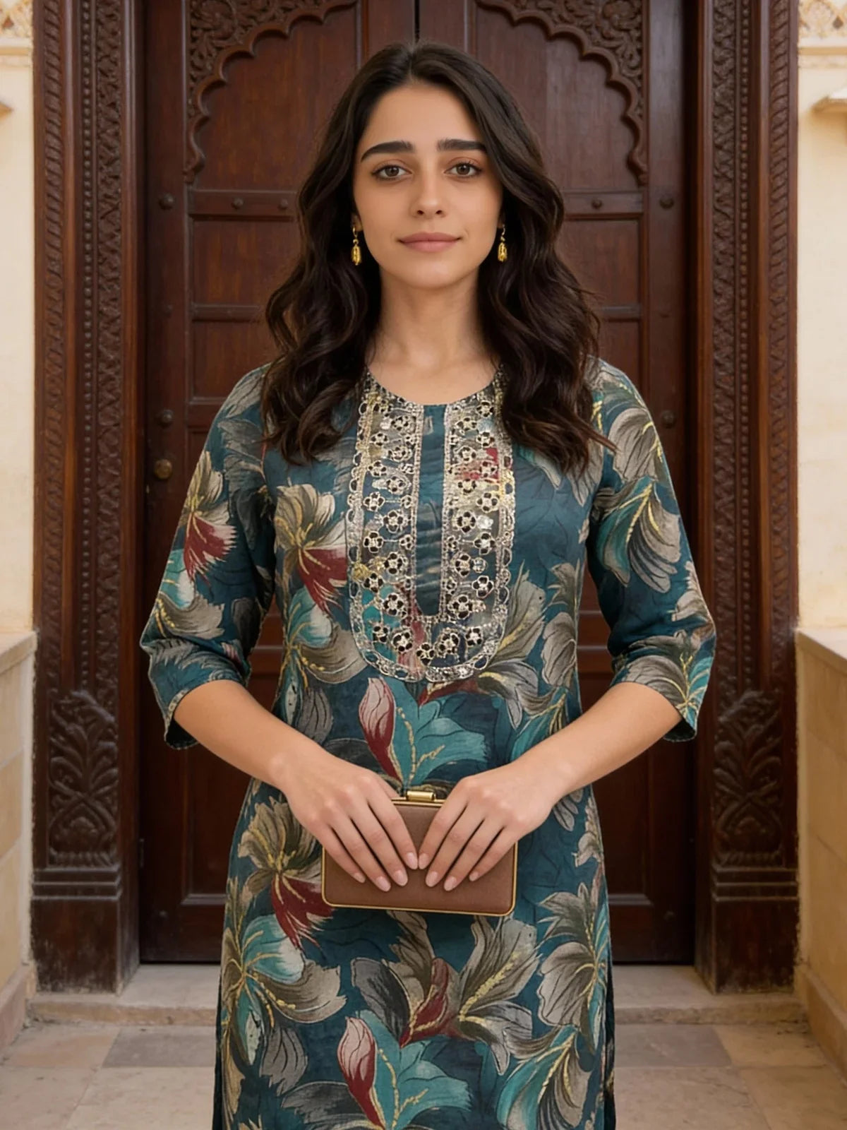 Buy Poly Viscose Embroidered Straight Calf Length Kurta-Teal