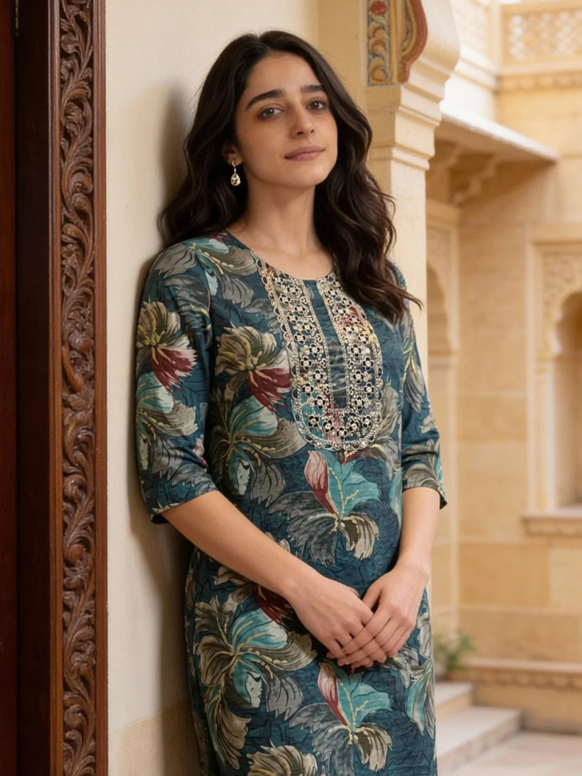 Buy Poly Viscose Embroidered Straight Calf Length Kurta-Teal