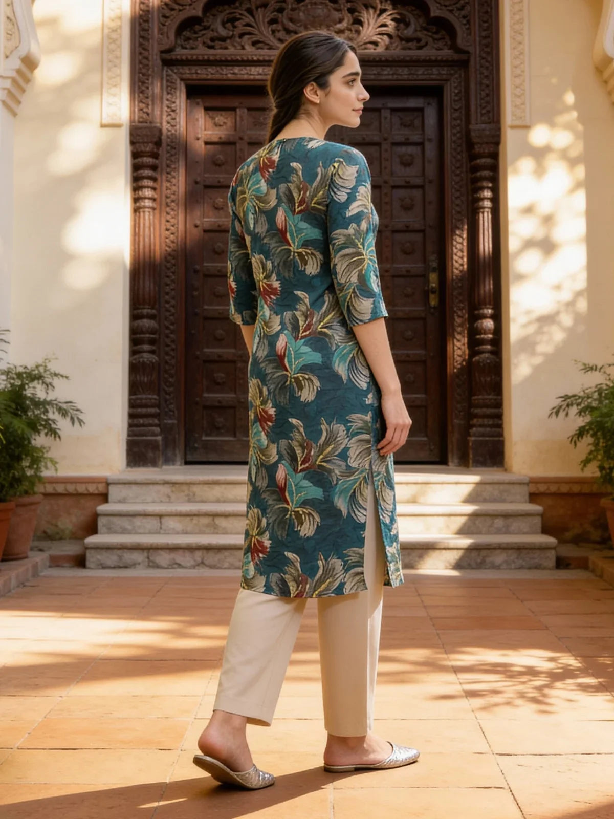 Buy Poly Viscose Embroidered Straight Calf Length Kurta-Teal