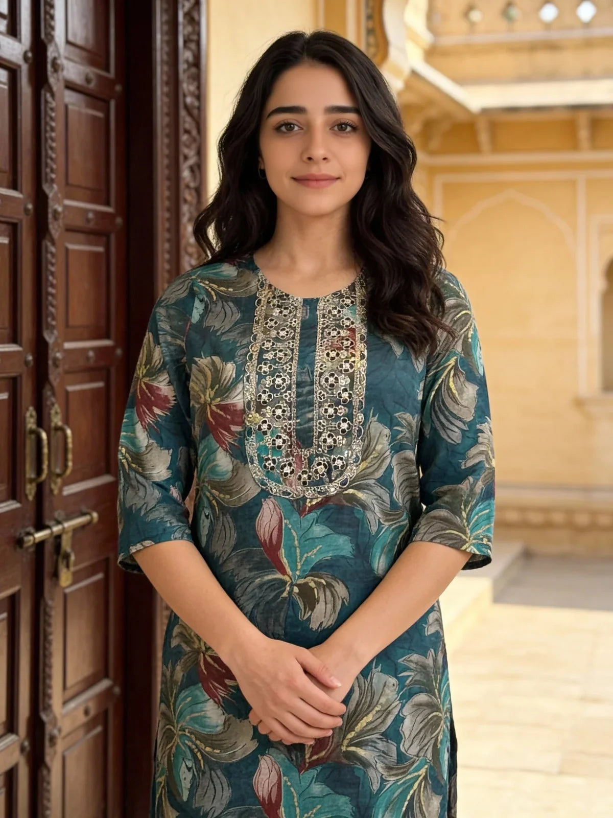 Buy Poly Viscose Embroidered Straight Calf Length Kurta-Teal