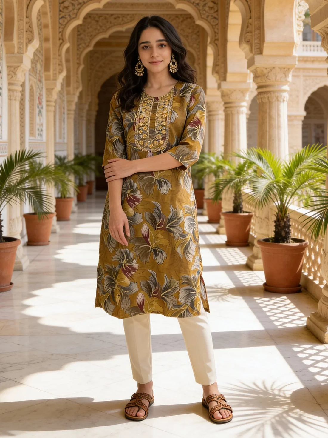 Buy Poly Viscose Embroidered Straight Calf Length Kurta-Mustard