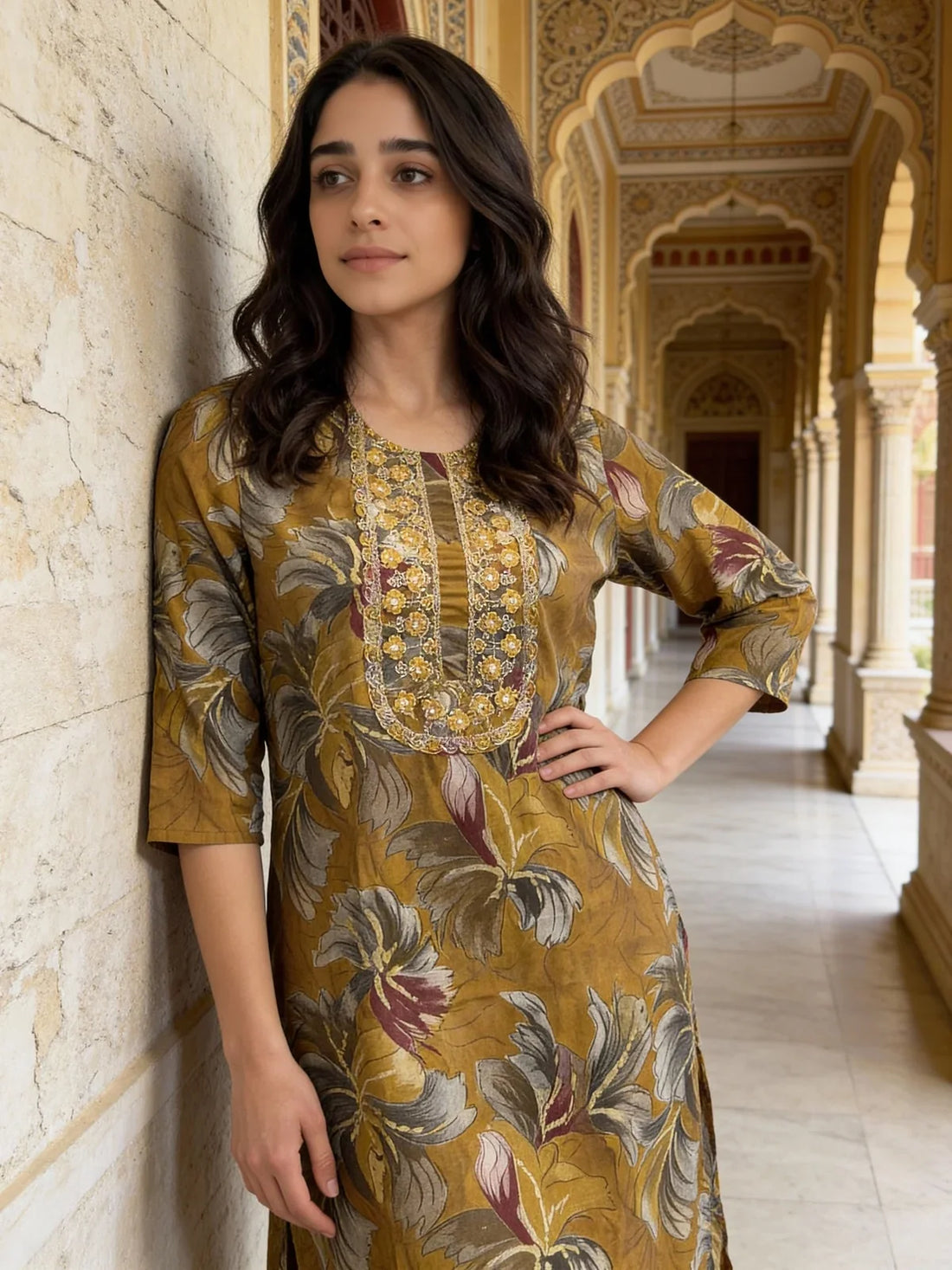 Buy Poly Viscose Embroidered Straight Calf Length Kurta-Mustard