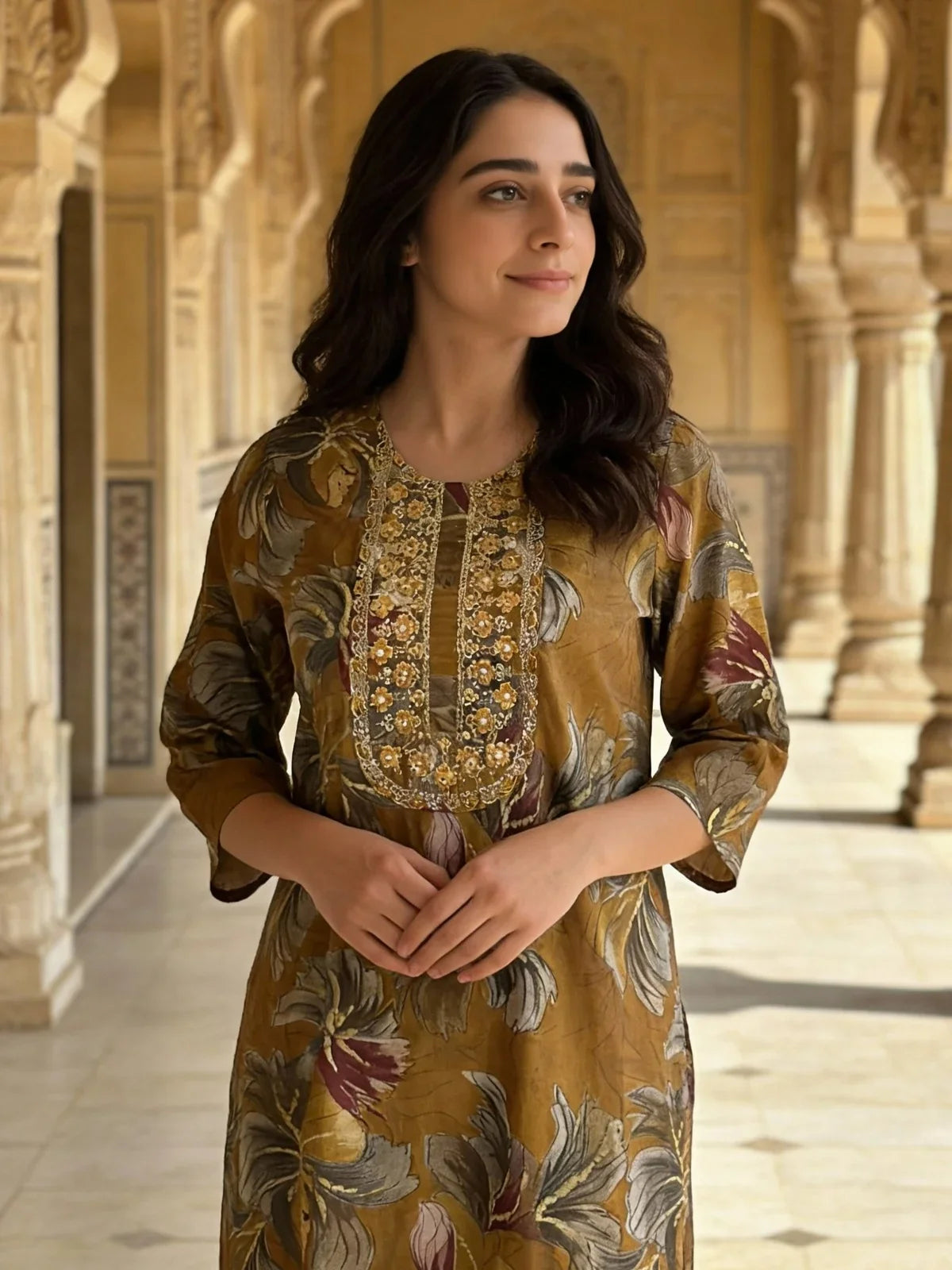 Buy Poly Viscose Embroidered Straight Calf Length Kurta-Mustard