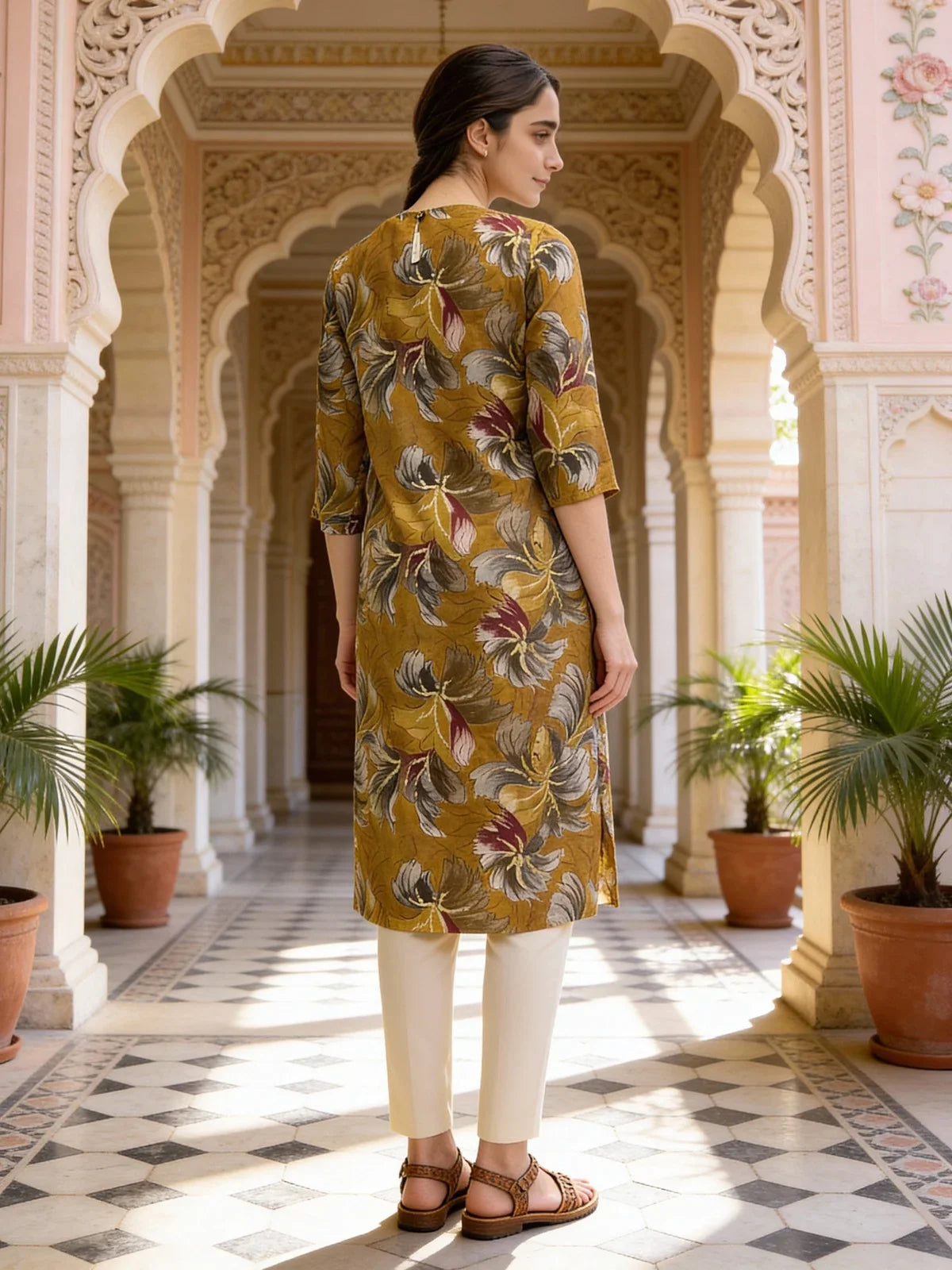 Buy Poly Viscose Embroidered Straight Calf Length Kurta-Mustard