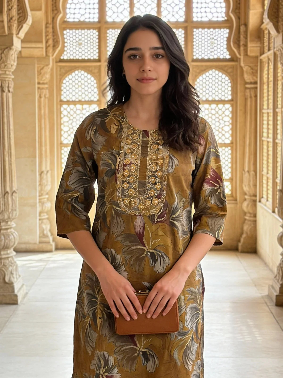 Buy Poly Viscose Embroidered Straight Calf Length Kurta-Mustard