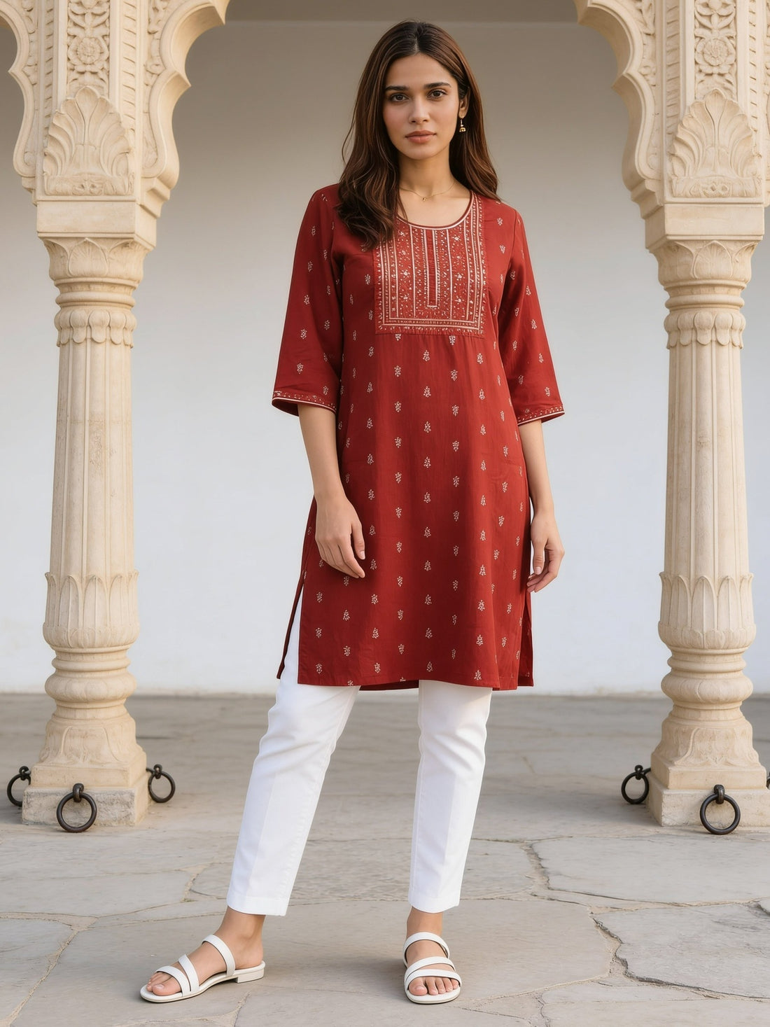 Buy Rayon Embroidered Straight Knee Length Kurta-Rust