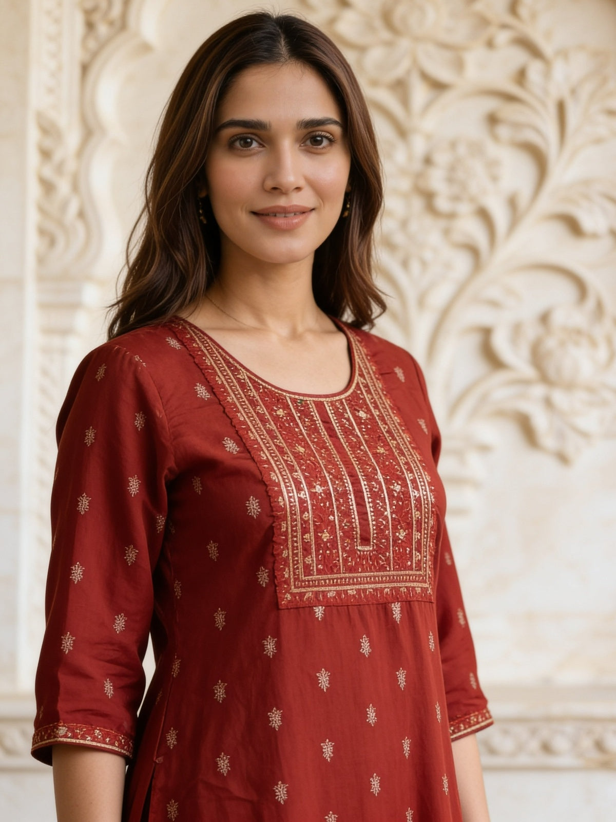 Buy Rayon Embroidered Straight Knee Length Kurta-Rust