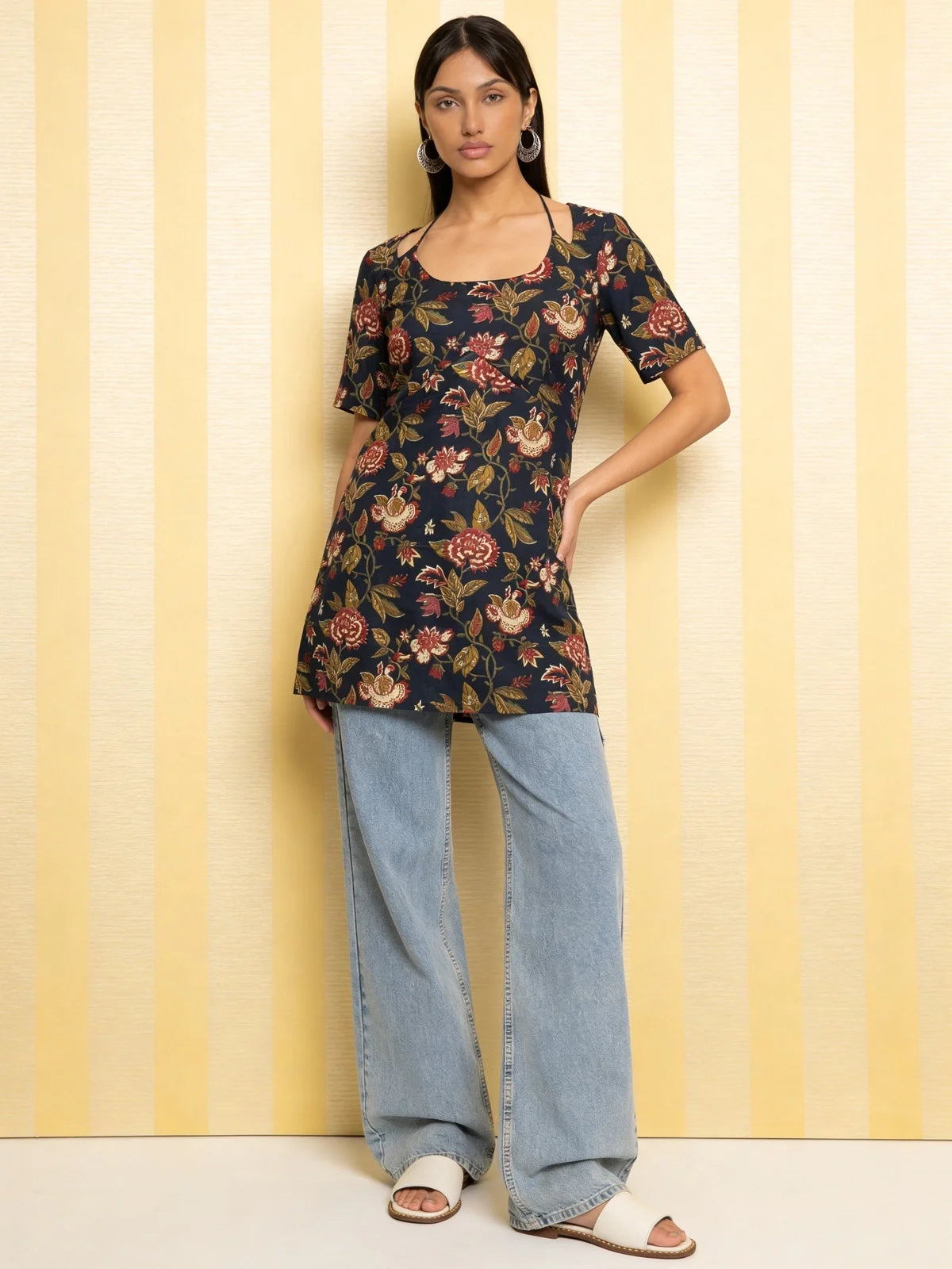 Buy Blue Cotton Printed Straight Kurti-Navy Blue