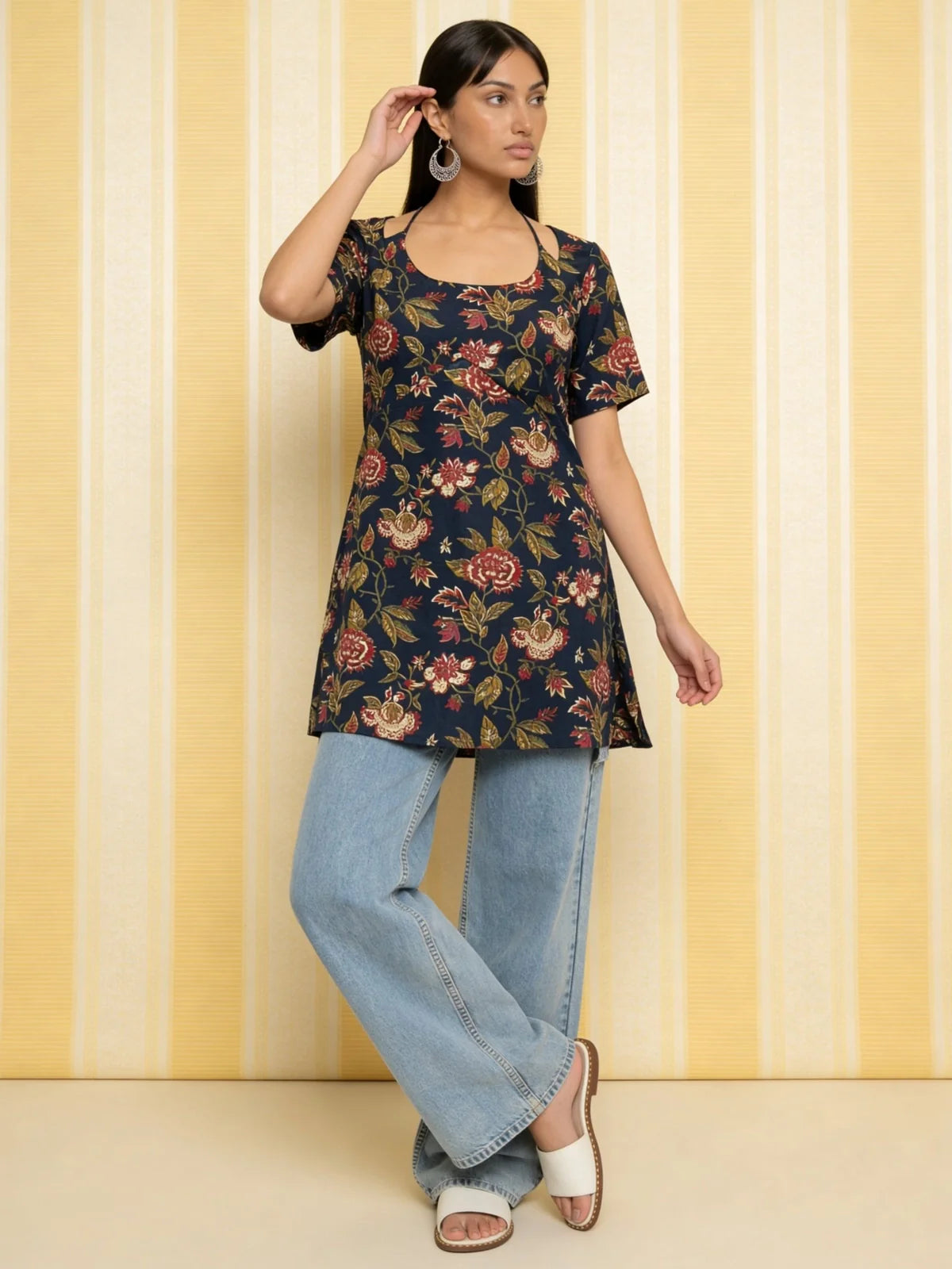 Buy Blue Cotton Printed Straight Kurti-Navy Blue