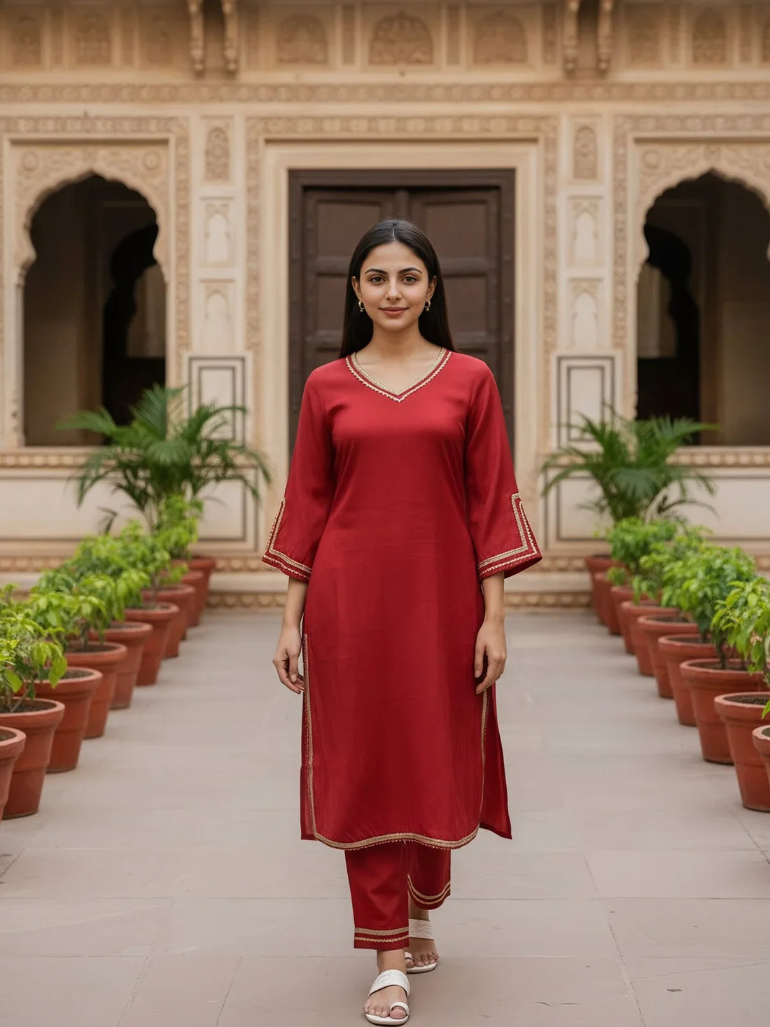 Buy Poly Viscose Embroidered Straight Calf Length Kurta with Pant-Pink