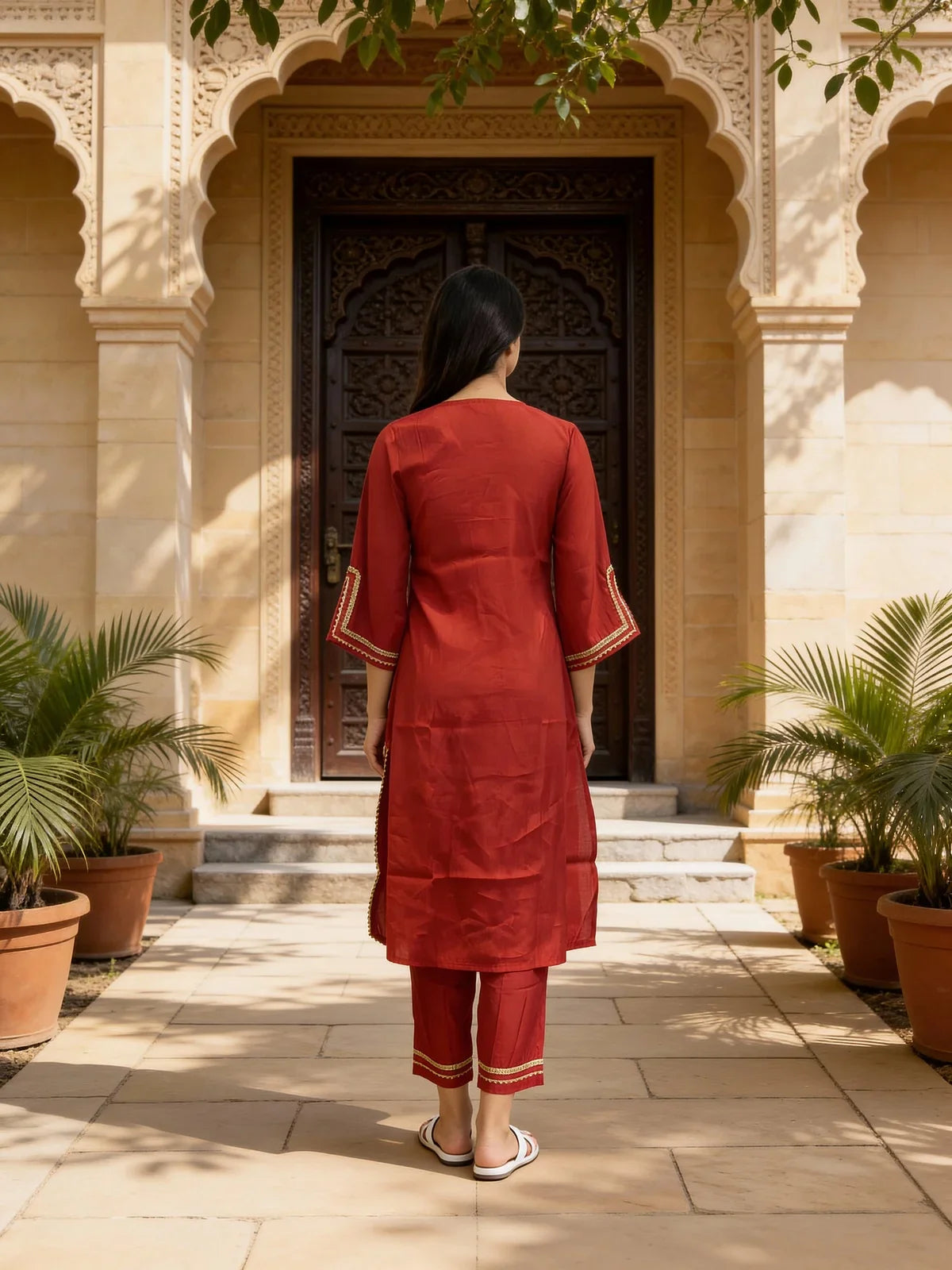 Buy Poly Viscose Embroidered Straight Calf Length Kurta with Pant-Pink