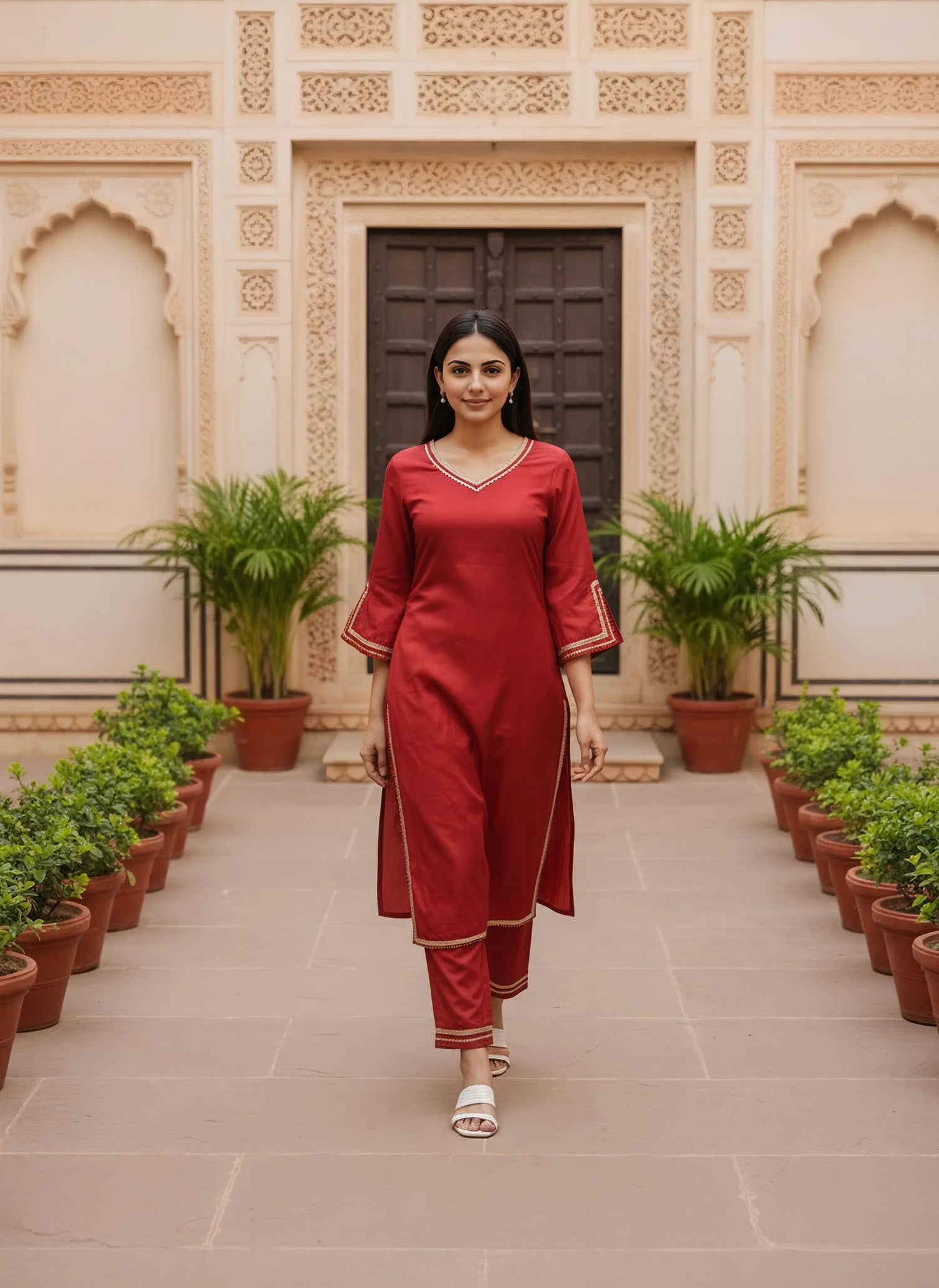 Buy Poly Viscose Embroidered Straight Calf Length Kurta with Pant-Pink