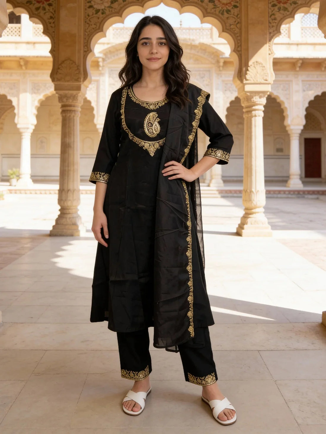 Buy Poly Viscose Embroidered Anarkali Calf Length Kurta and Pant with Dupatta-Black