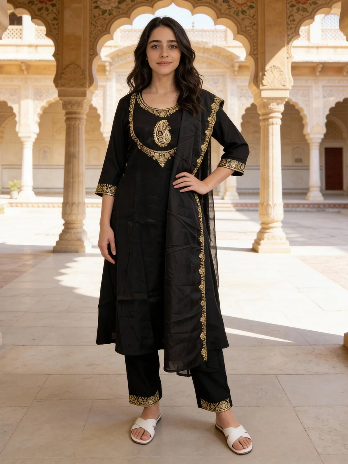 Buy Poly Viscose Embroidered Anarkali Calf Length Kurta and Pant with Dupatta-Black