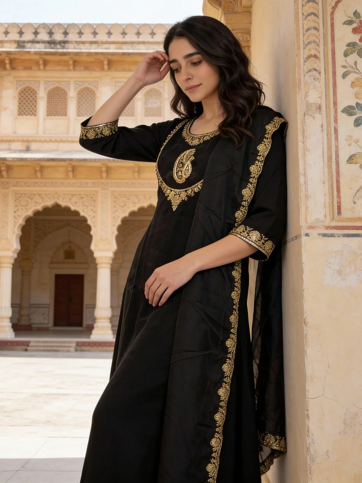 Buy Poly Viscose Embroidered Anarkali Calf Length Kurta and Pant with Dupatta-Black