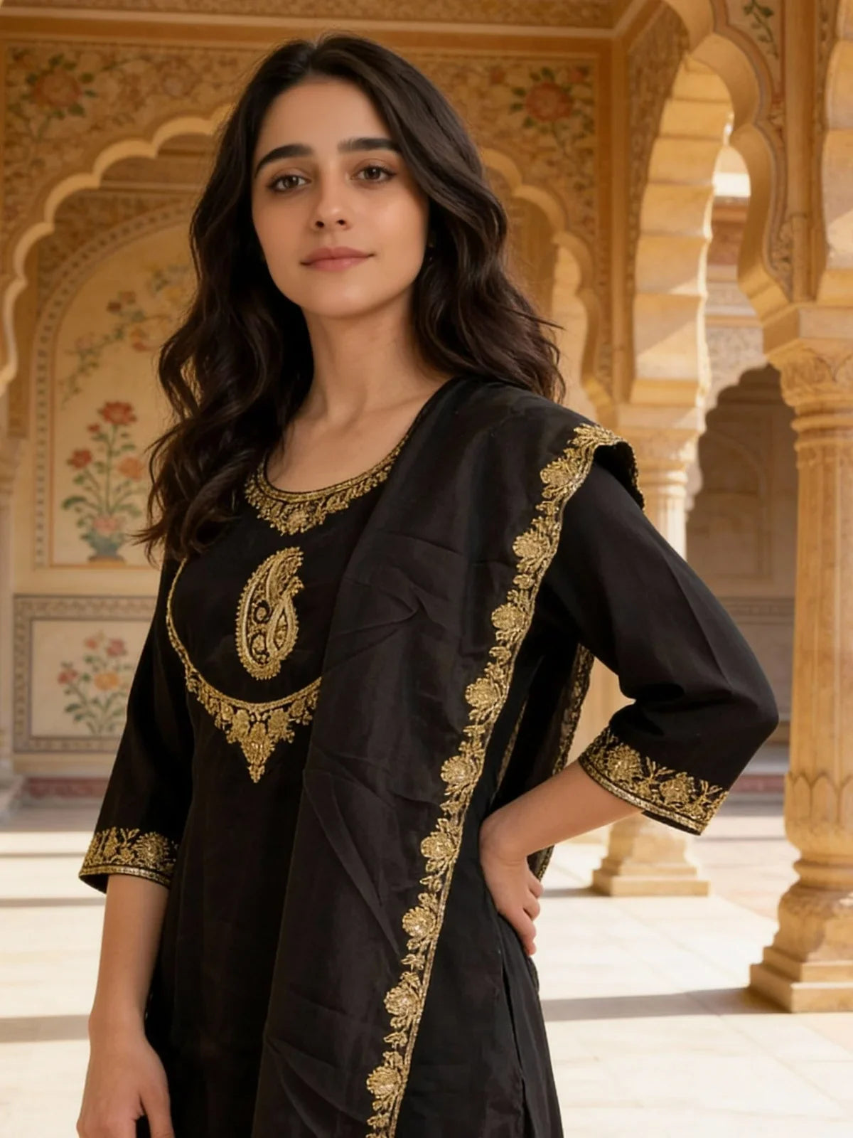 Buy Poly Viscose Embroidered Anarkali Calf Length Kurta and Pant with Dupatta-Black