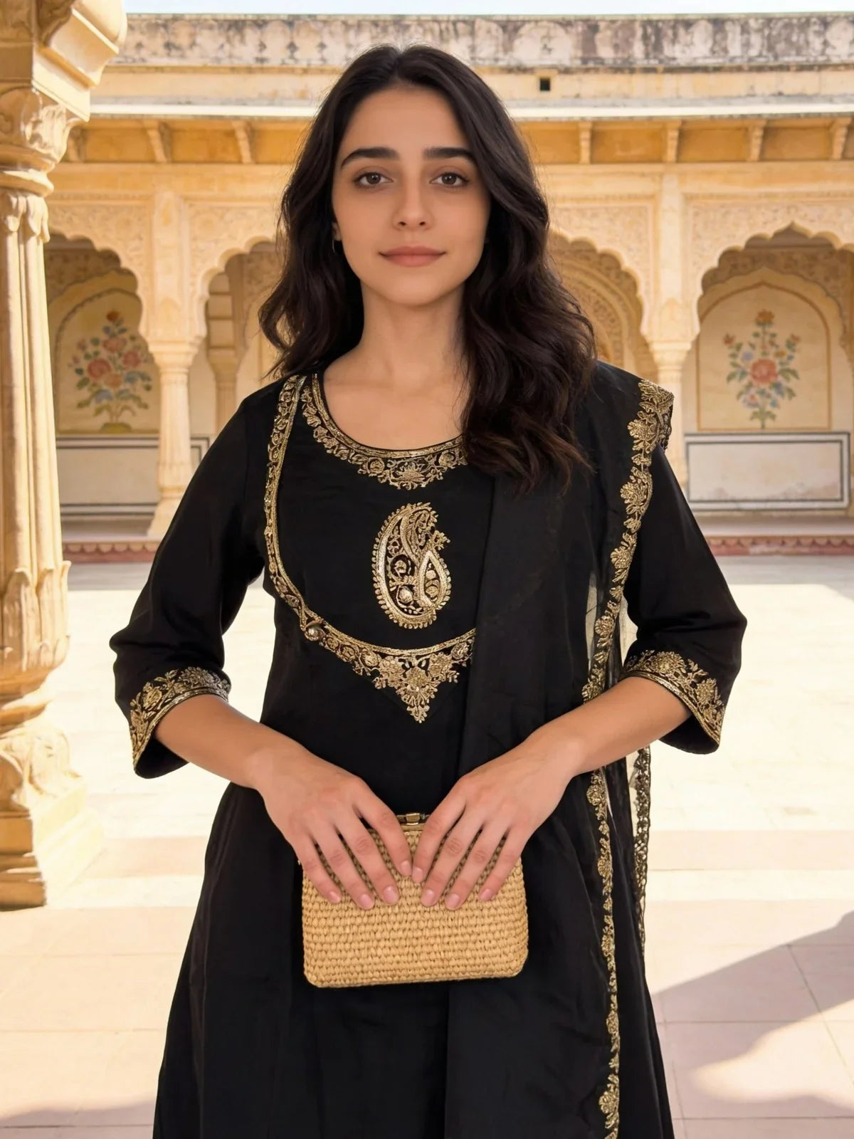 Buy Poly Viscose Embroidered Anarkali Calf Length Kurta and Pant with Dupatta-Black