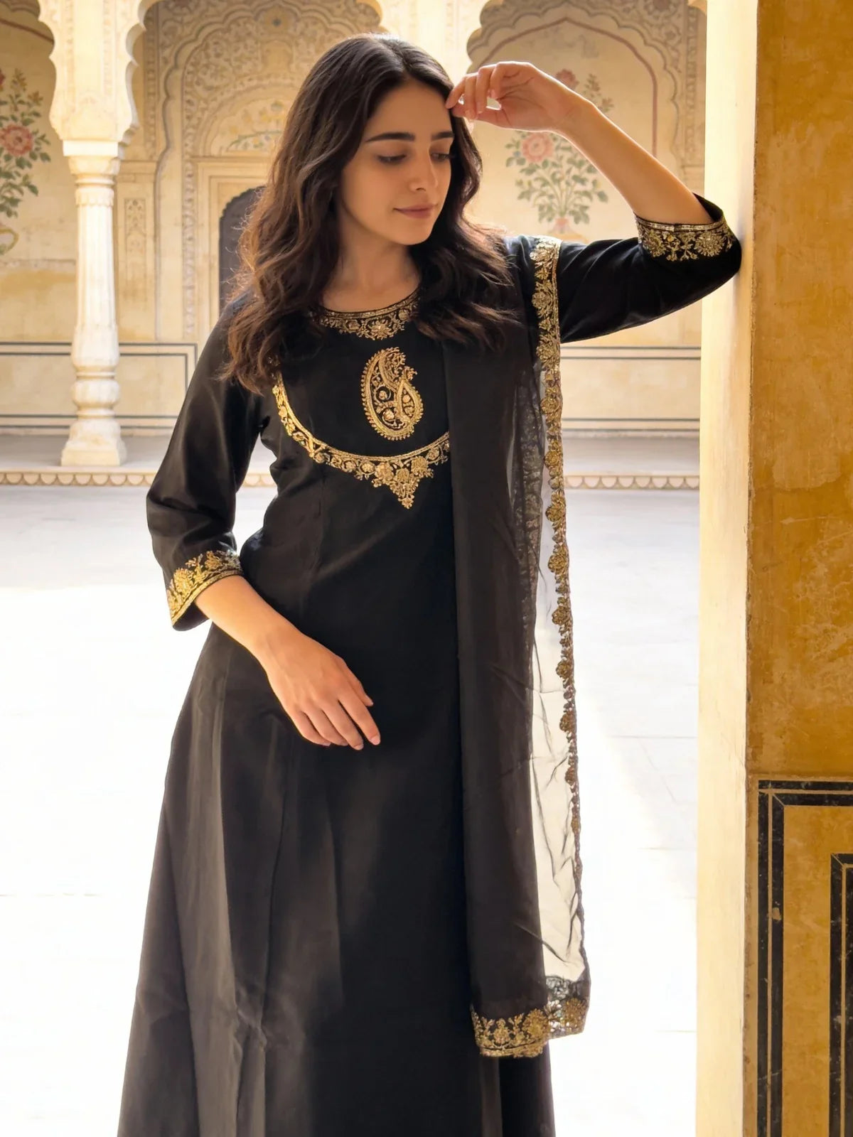 Buy Poly Viscose Embroidered Anarkali Calf Length Kurta and Pant with Dupatta-Black
