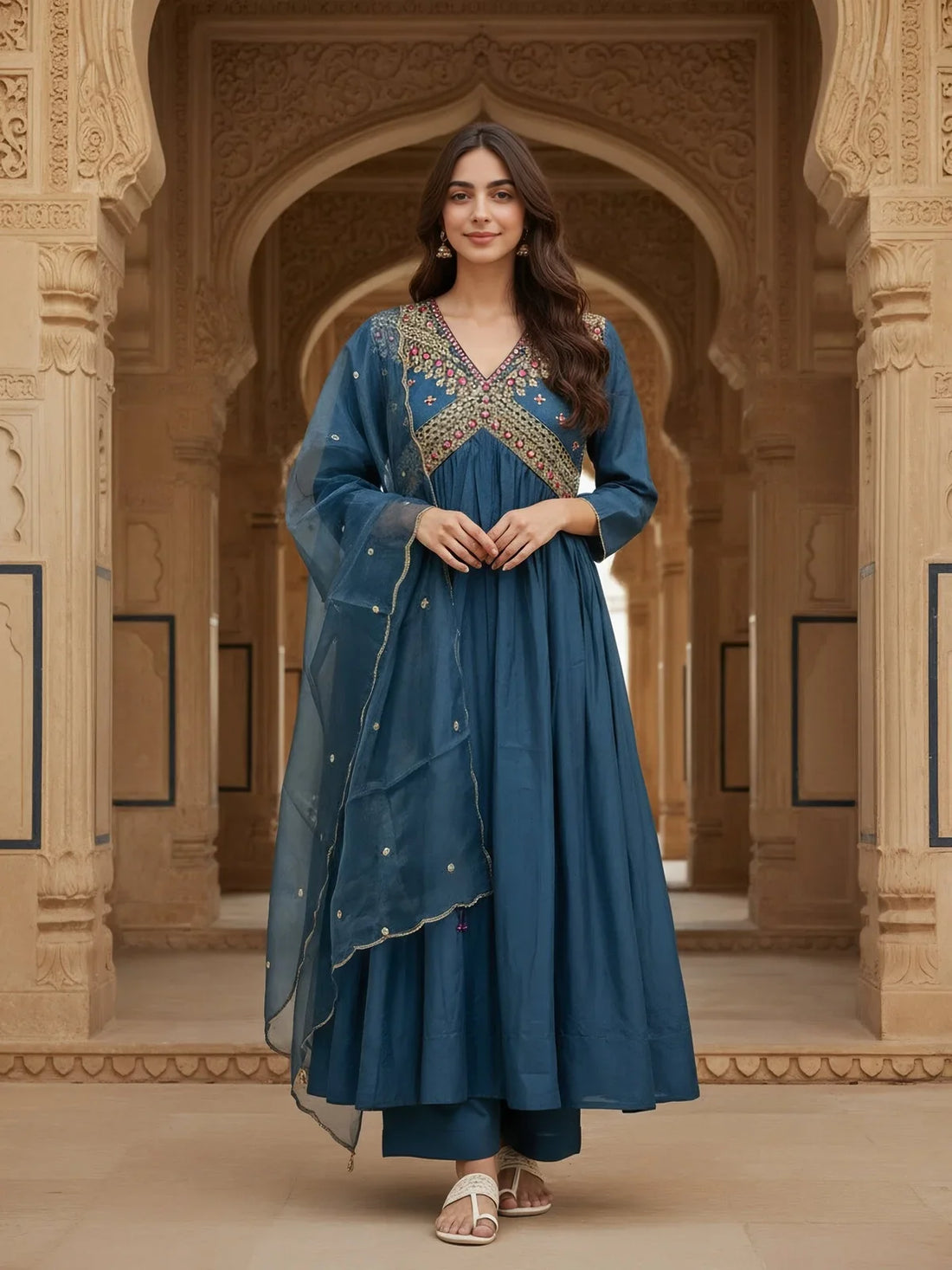 Buy Poly Viscose Embroidered Anarkali Calf Length Kurta with Pant and Dupatta-Teal