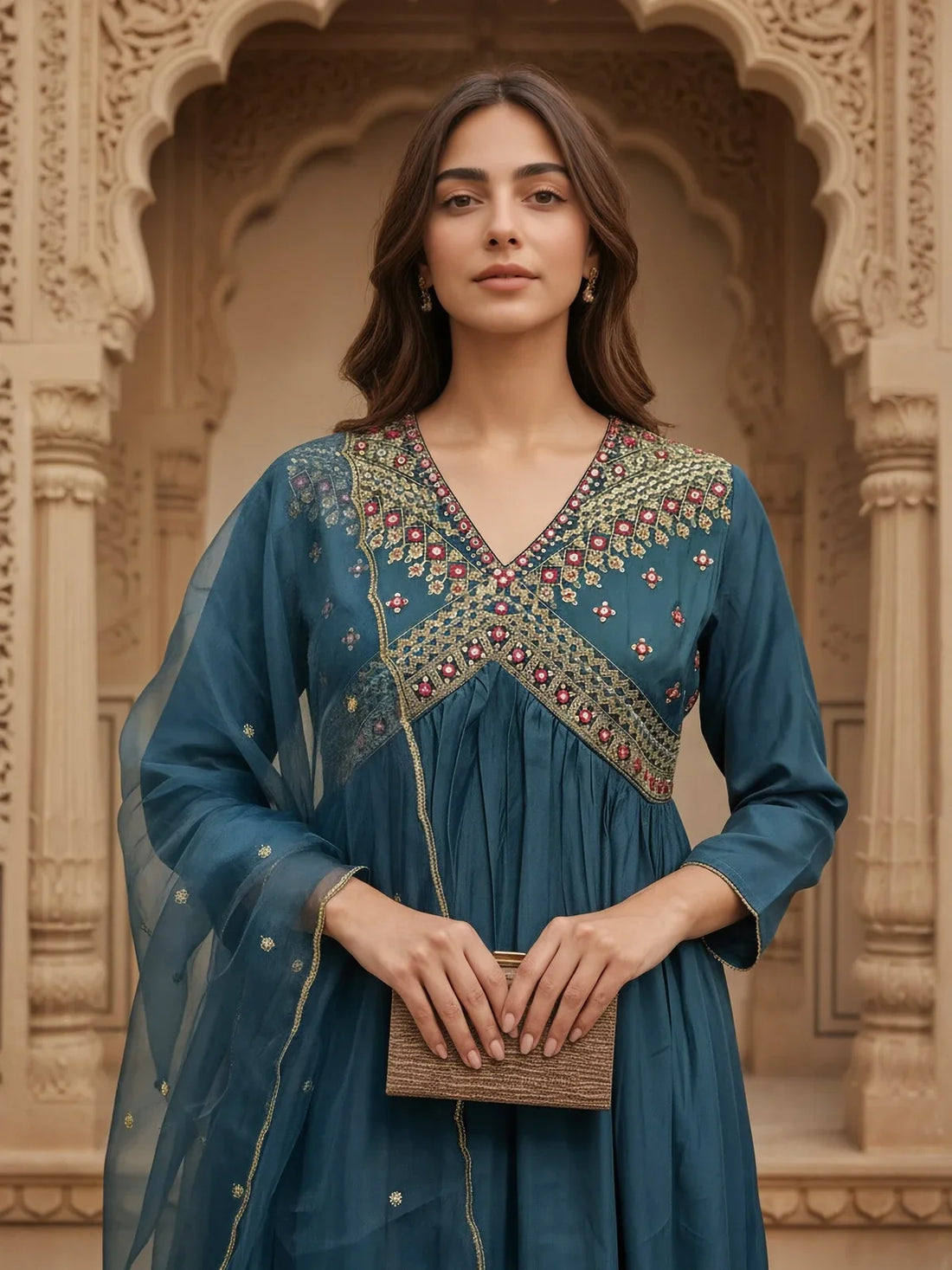 Buy Poly Viscose Embroidered Anarkali Calf Length Kurta with Pant and Dupatta-Teal