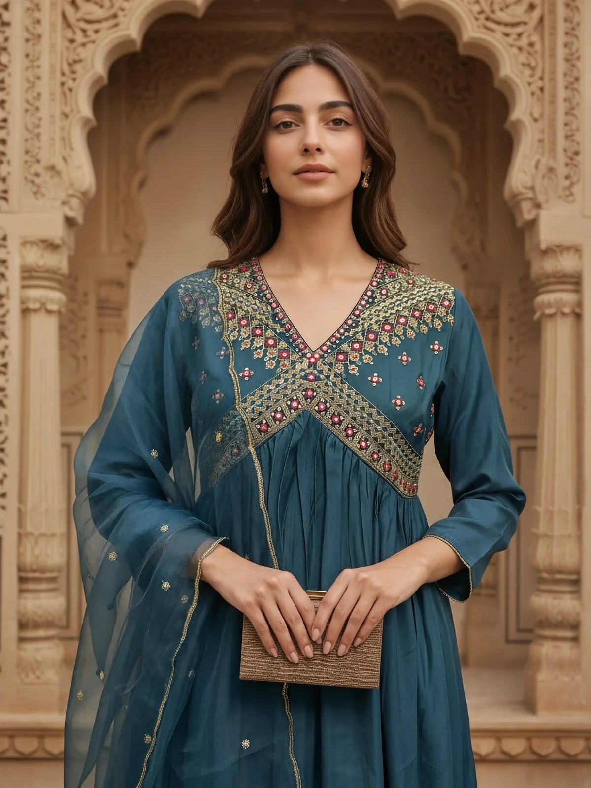 Buy Poly Viscose Embroidered Anarkali Calf Length Kurta with Pant and Dupatta-Teal