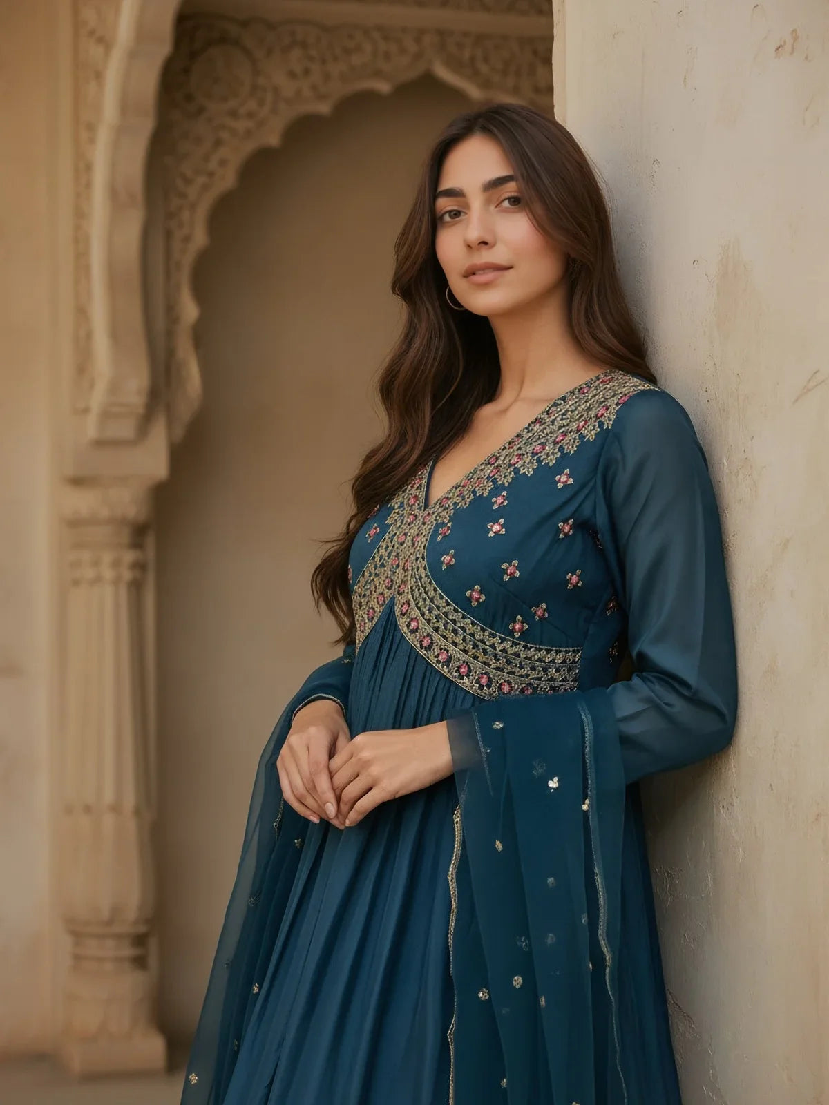 Buy Poly Viscose Embroidered Anarkali Calf Length Kurta with Pant and Dupatta-Teal