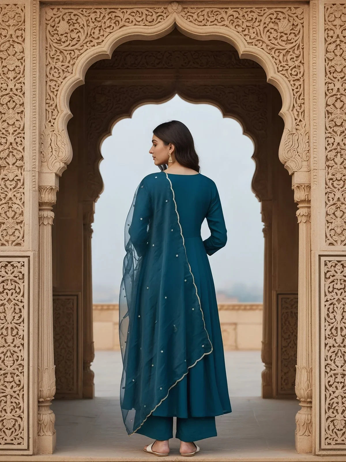 Buy Poly Viscose Embroidered Anarkali Calf Length Kurta with Pant and Dupatta-Teal