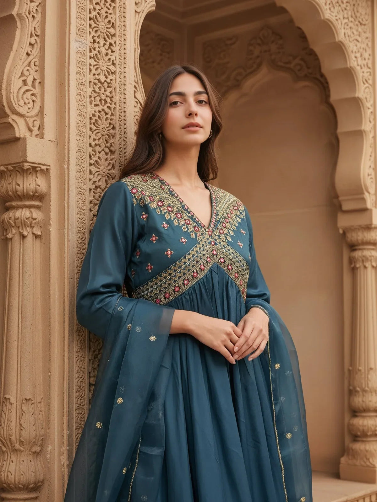 Buy Poly Viscose Embroidered Anarkali Calf Length Kurta with Pant and Dupatta-Teal