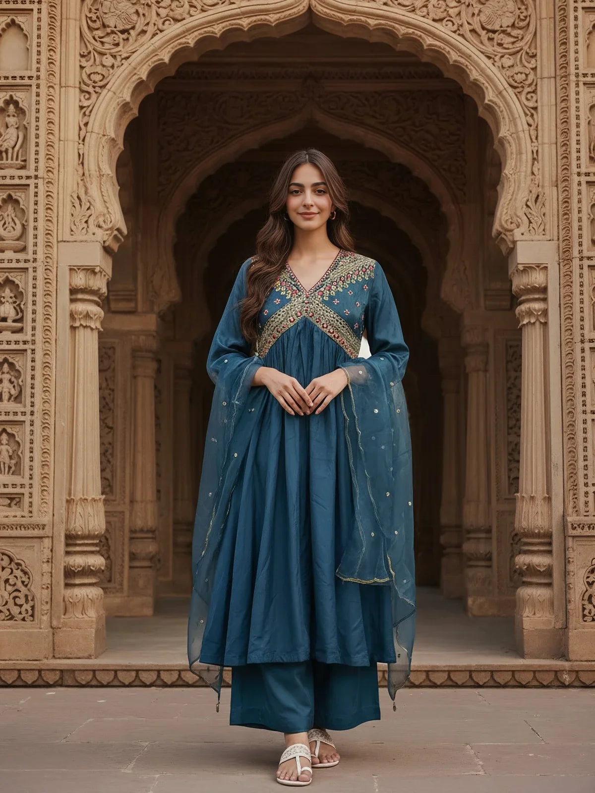 Buy Poly Viscose Embroidered Anarkali Calf Length Kurta with Pant and Dupatta-Teal