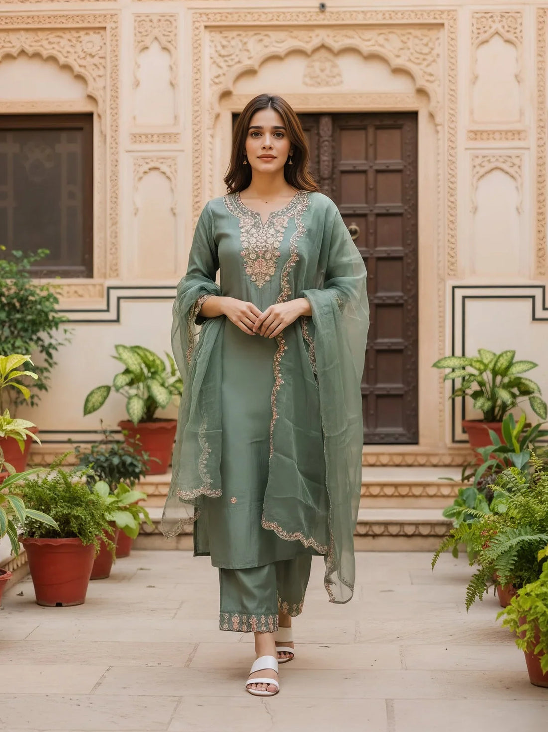 Buy Poly Viscose Embroidered Straight Calf Length Kurta with Pant and Dupatta-Green
