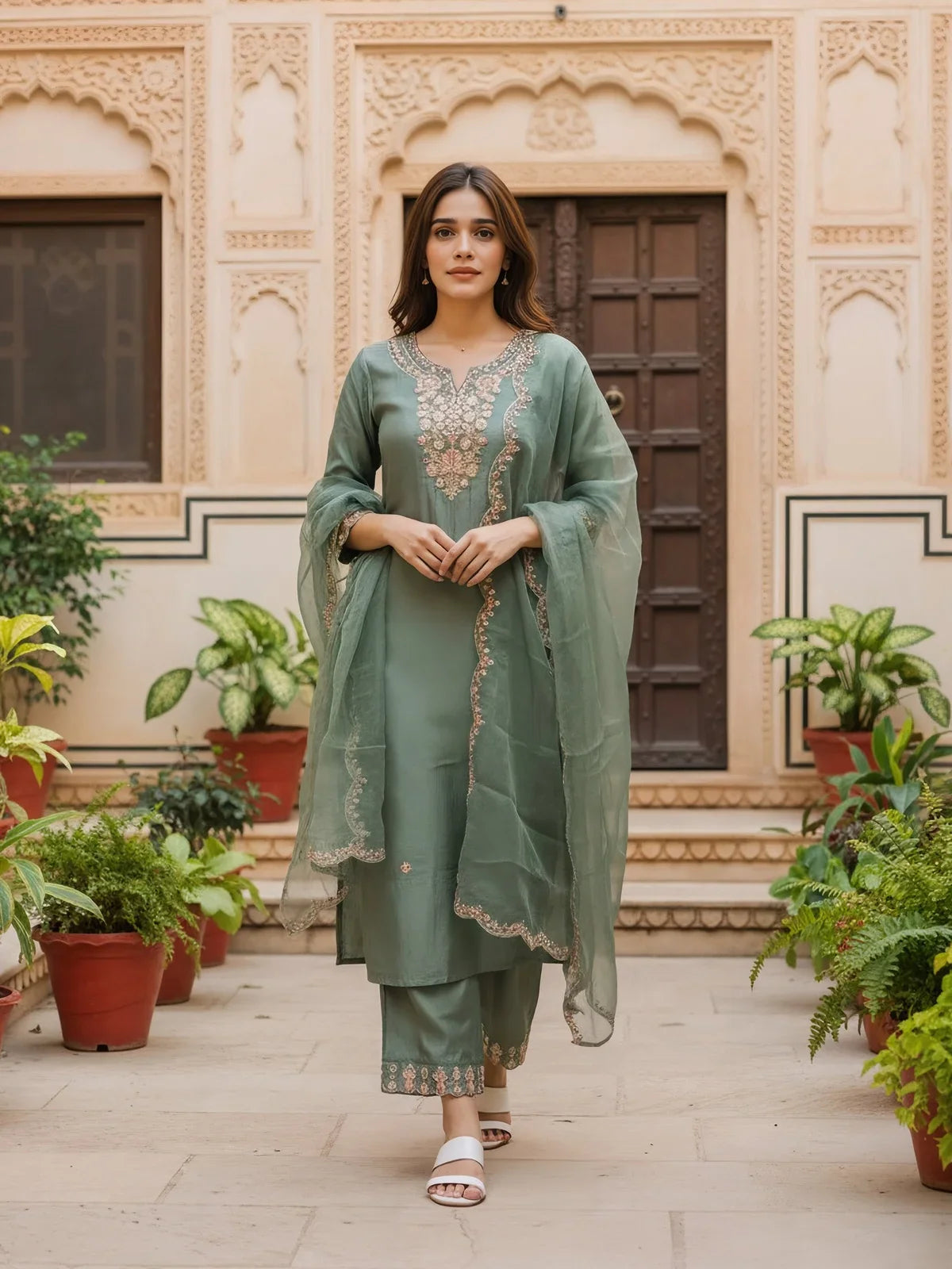 Buy Poly Viscose Embroidered Straight Calf Length Kurta with Pant and Dupatta-Green