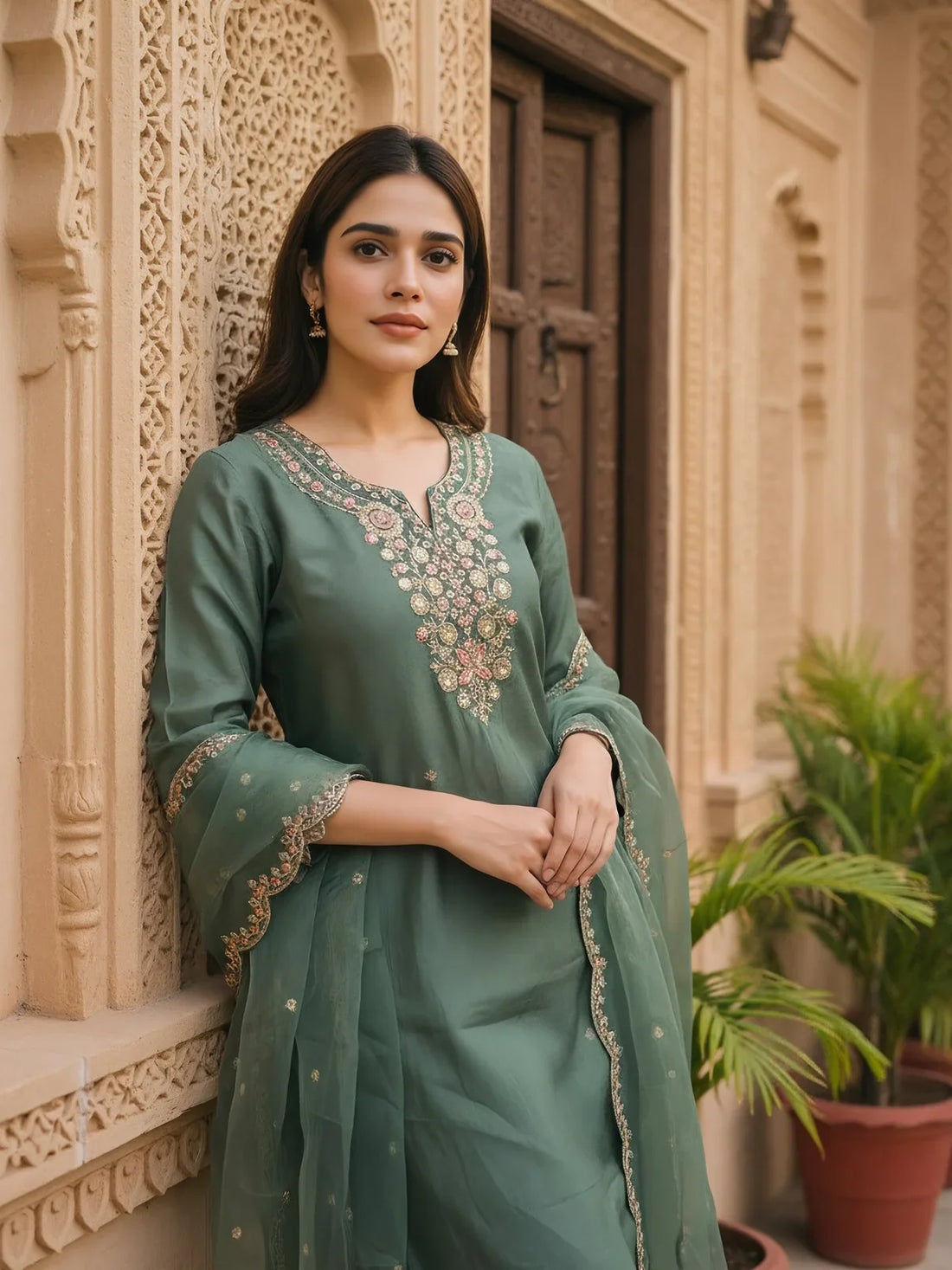 Buy Poly Viscose Embroidered Straight Calf Length Kurta with Pant and Dupatta-Green