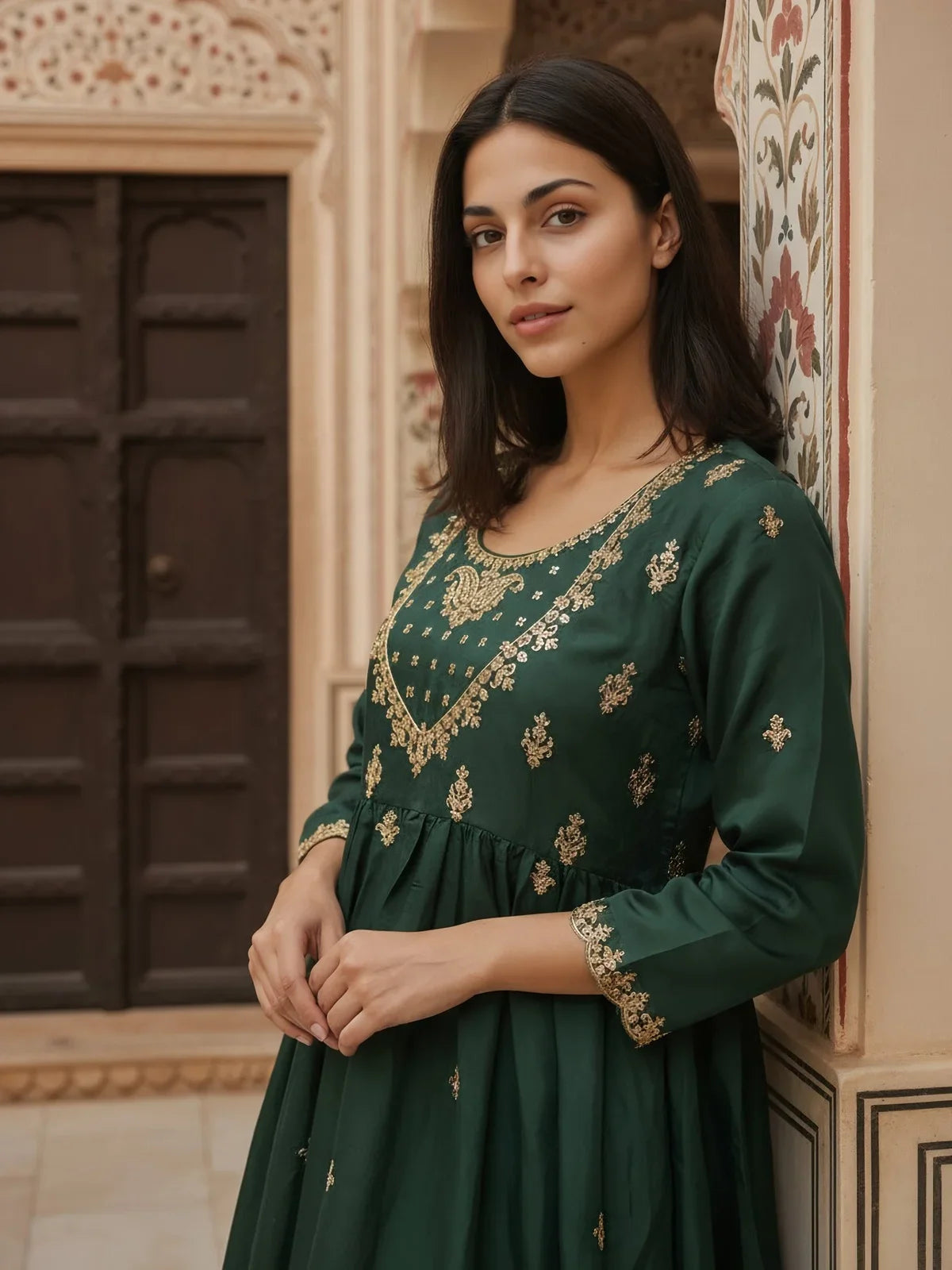 Buy Poly Viscose Embroidered Anarkali Calf Length Kurta with Pant and Dupatta-Green