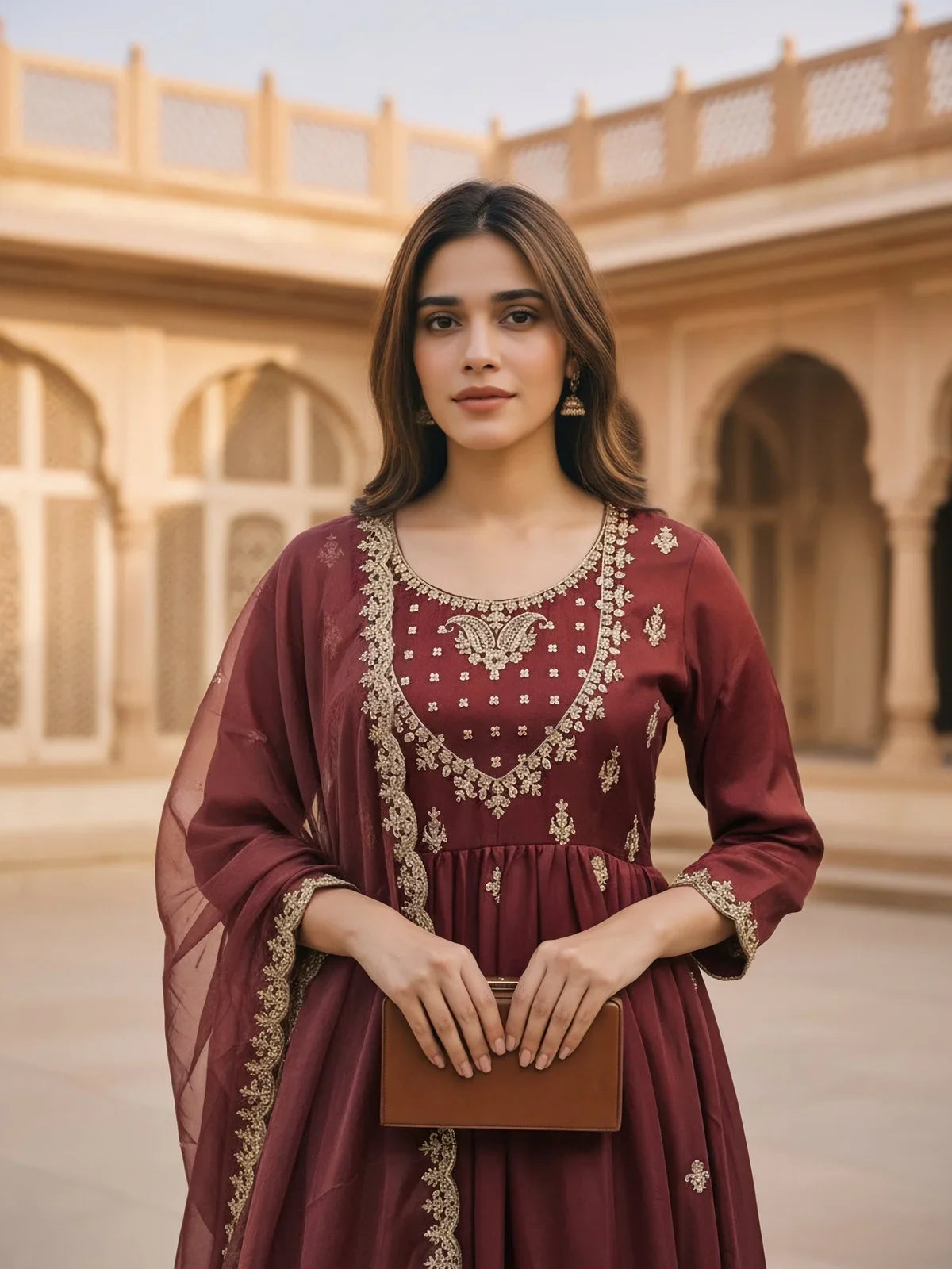 Buy Poly Viscose Embroidered Anarkali Calf Length Kurta with Pant and Dupatta-Maroon