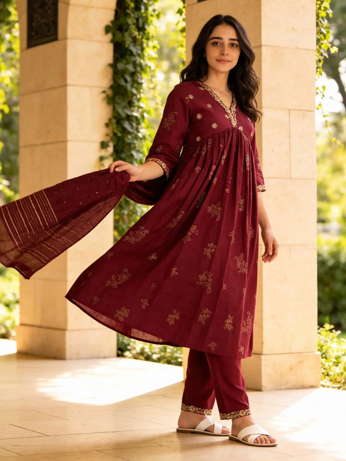Buy Poly Viscose Embroidered Anarkali Calf Length Kurta and Pant with Dupatta-Wine