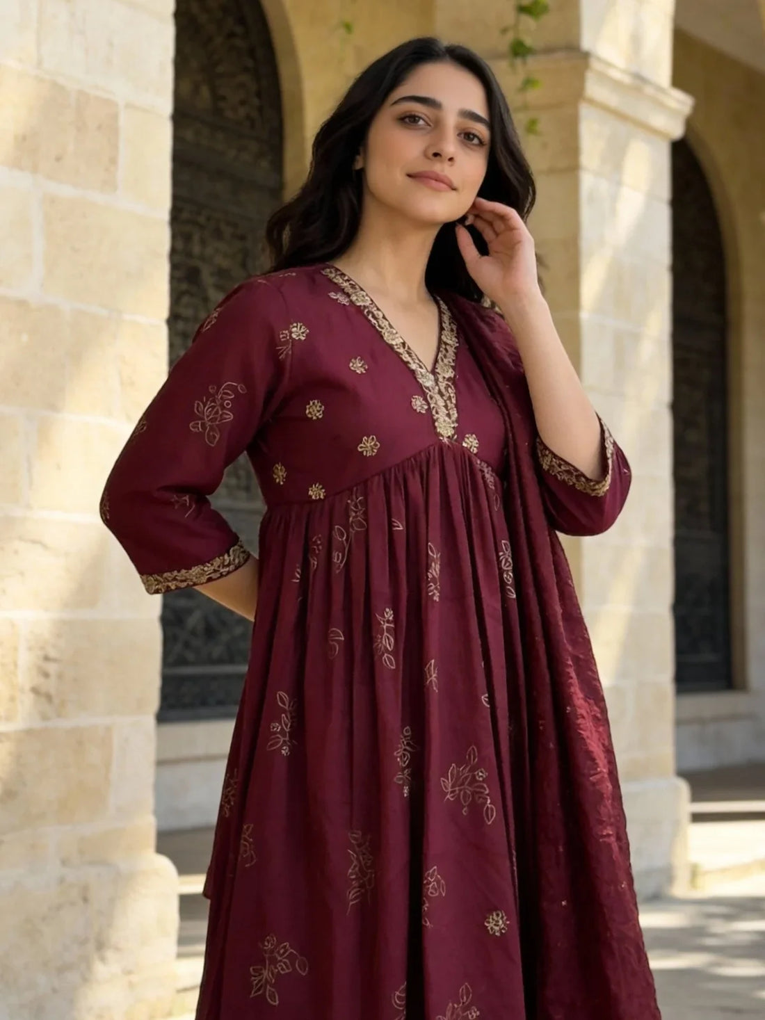 Buy Poly Viscose Embroidered Anarkali Calf Length Kurta and Pant with Dupatta-Wine