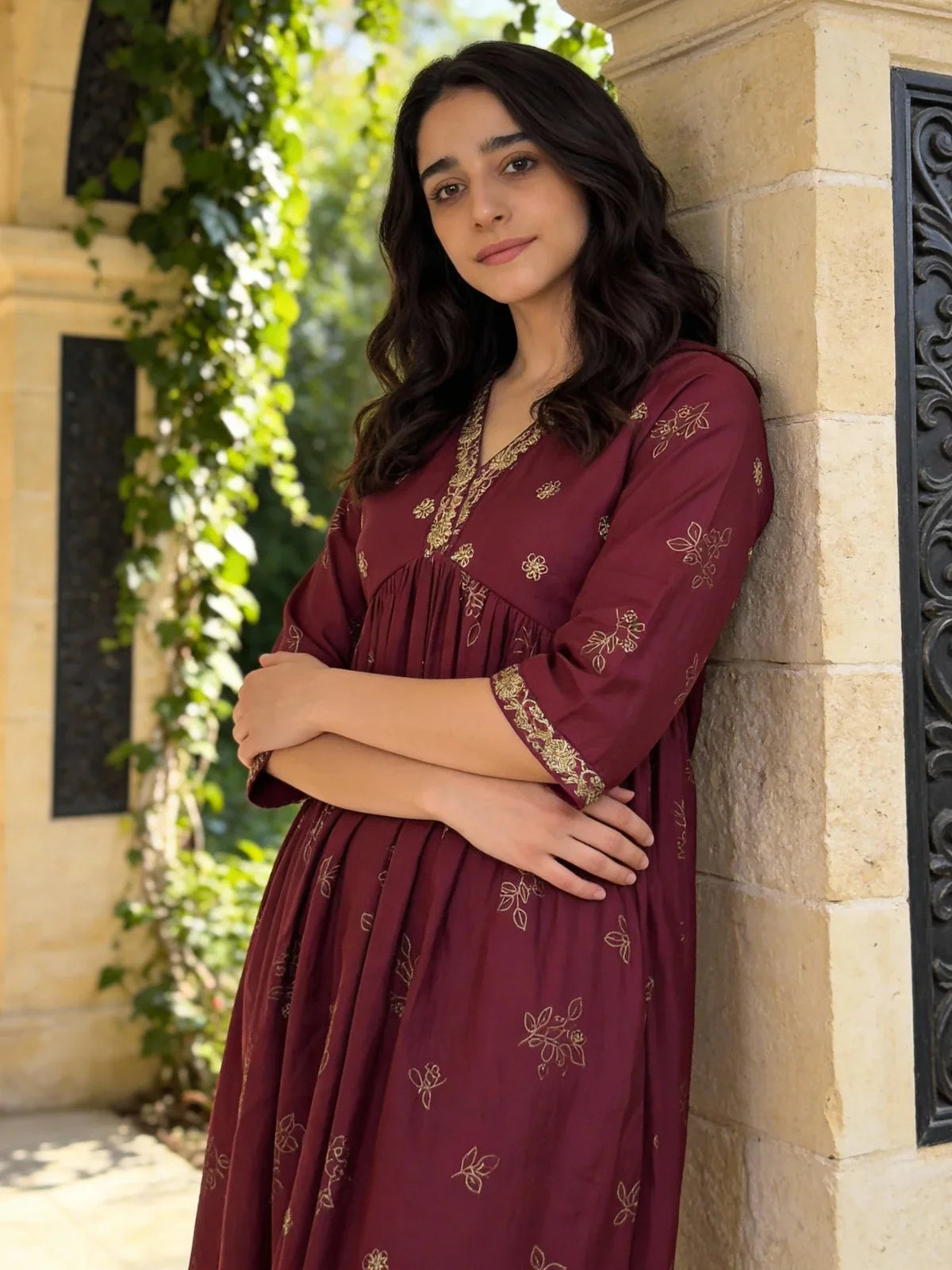 Buy Poly Viscose Embroidered Anarkali Calf Length Kurta and Pant with Dupatta-Wine