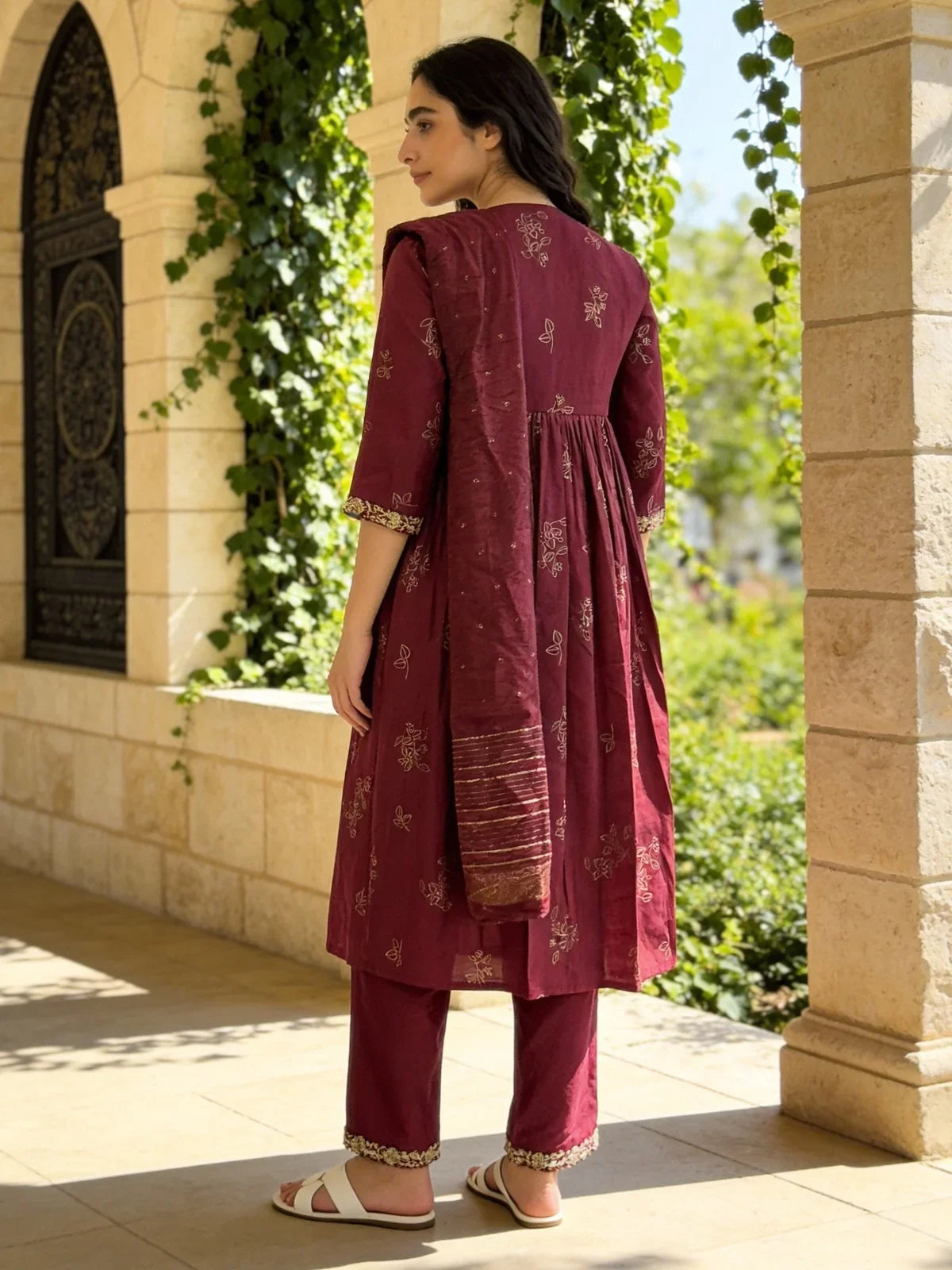 Buy Poly Viscose Embroidered Anarkali Calf Length Kurta and Pant with Dupatta-Wine