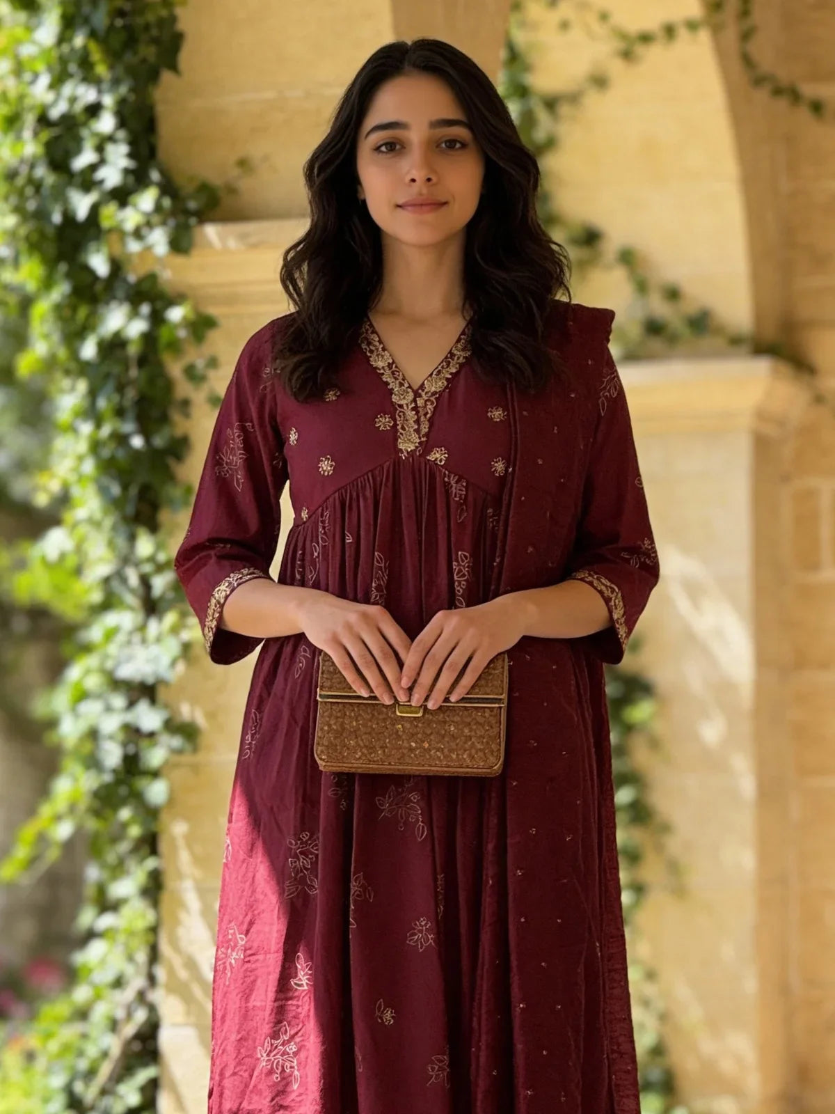 Buy Poly Viscose Embroidered Anarkali Calf Length Kurta and Pant with Dupatta-Wine
