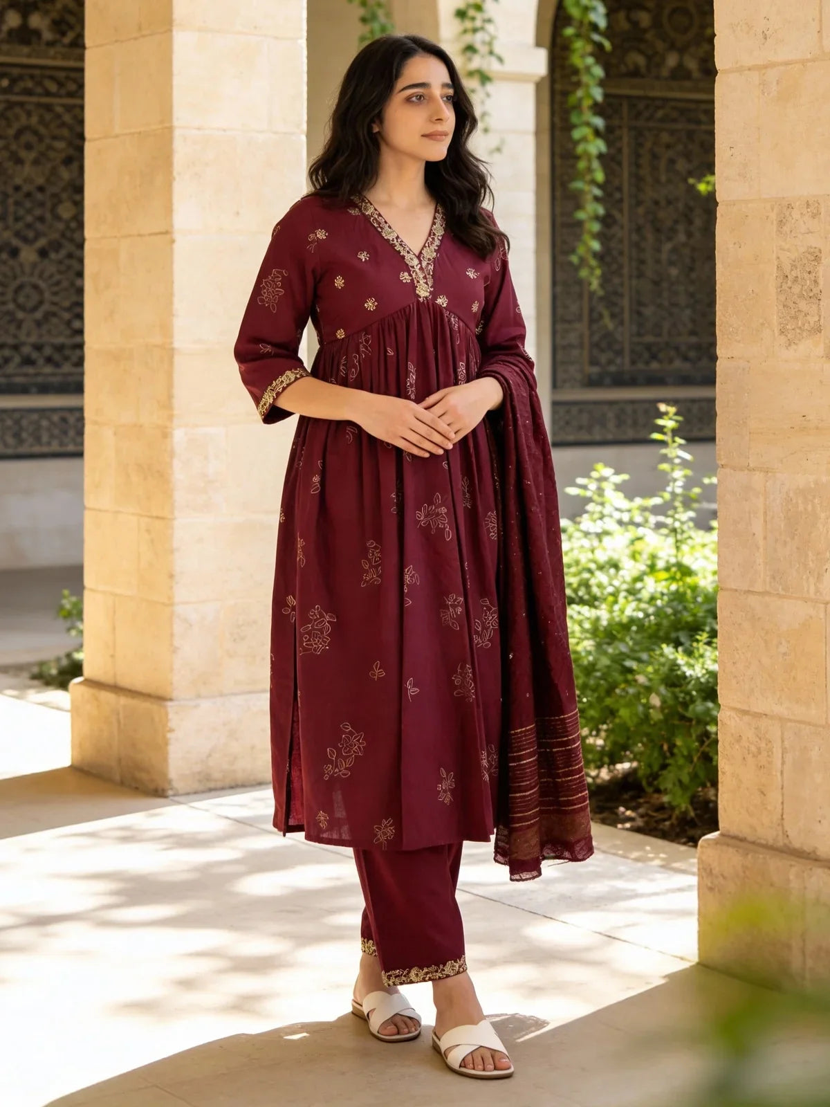 Buy Poly Viscose Embroidered Anarkali Calf Length Kurta and Pant with Dupatta-Wine